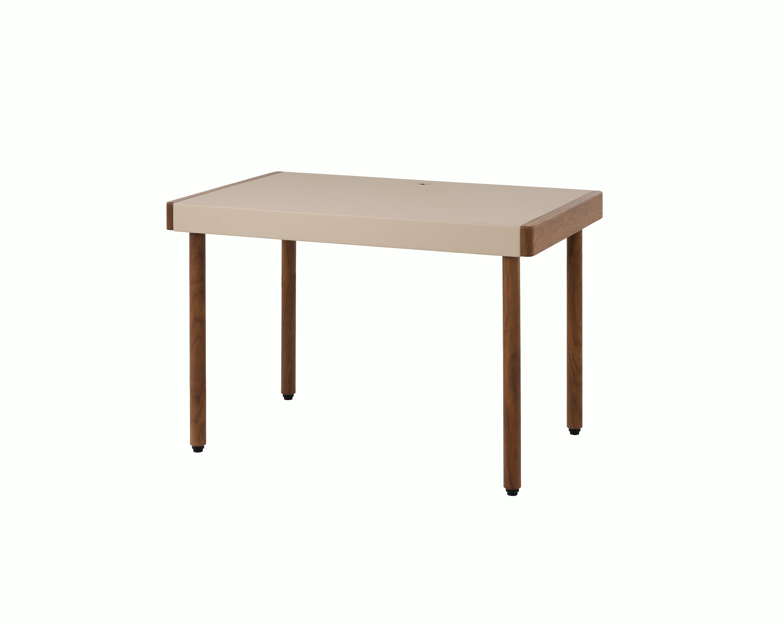 New Canaan Leatherwrap Sit-to-Stand Desk in Walnut and Champagne Leather, no drawers angled view.