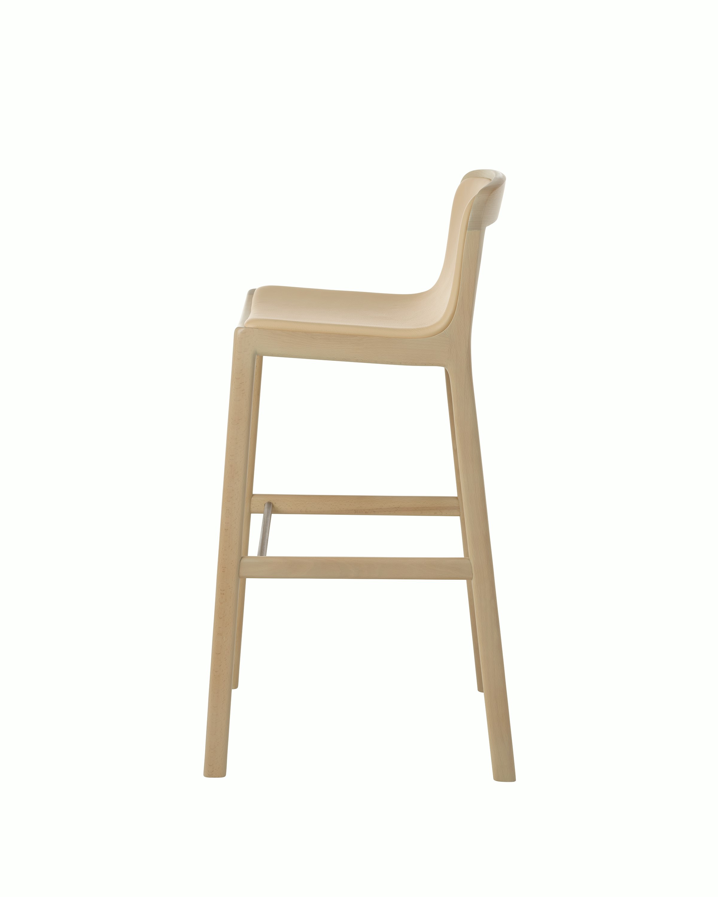 Lijn Stool by Carole Baijings for Geiger in Light Beech frame upholstered with Maharam Prone Leather in Balsa, side view on a white sweep.