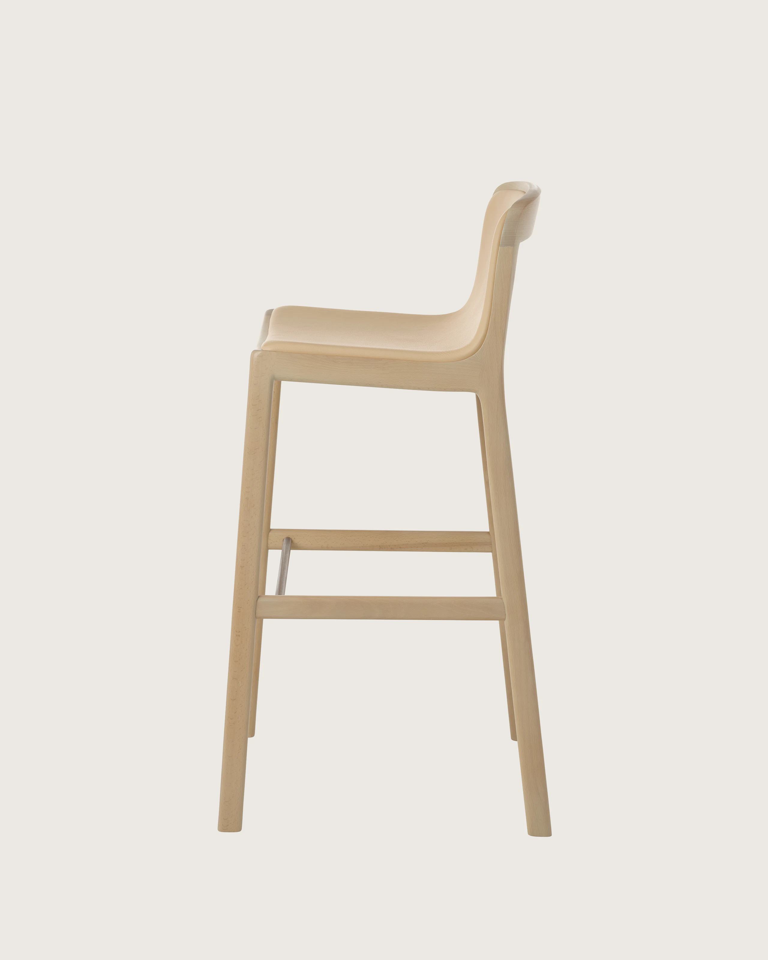 Lijn Stool by Carole Baijings for Geiger in Light Beech frame upholstered with Maharam Prone Leather in Balsa, side view on a white sweep.