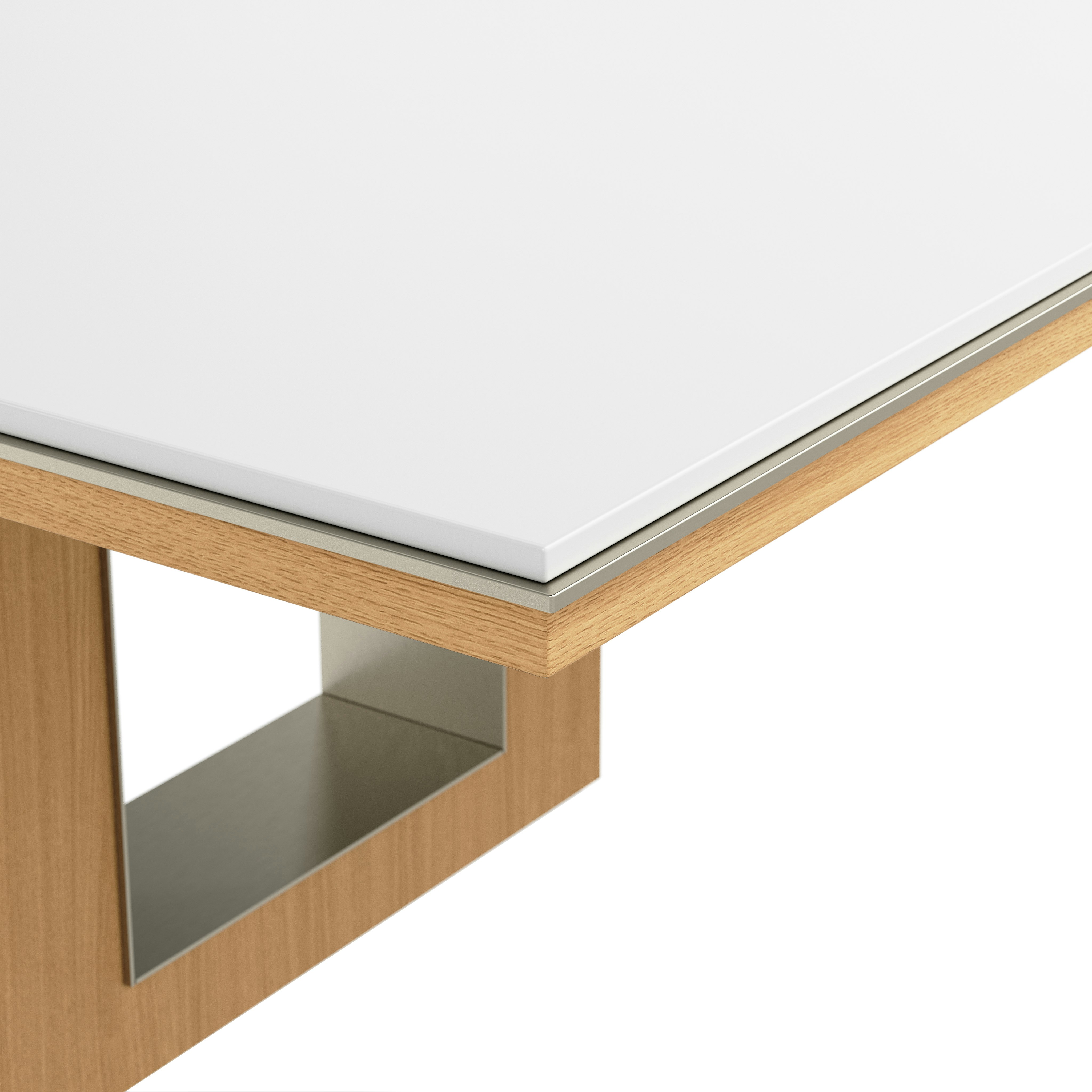 Edge detail shot of Rectangular Highline Fifty Conference Table in Glacier White Corian and Natural Rift Cut Oak with a Satin Nickel edge.