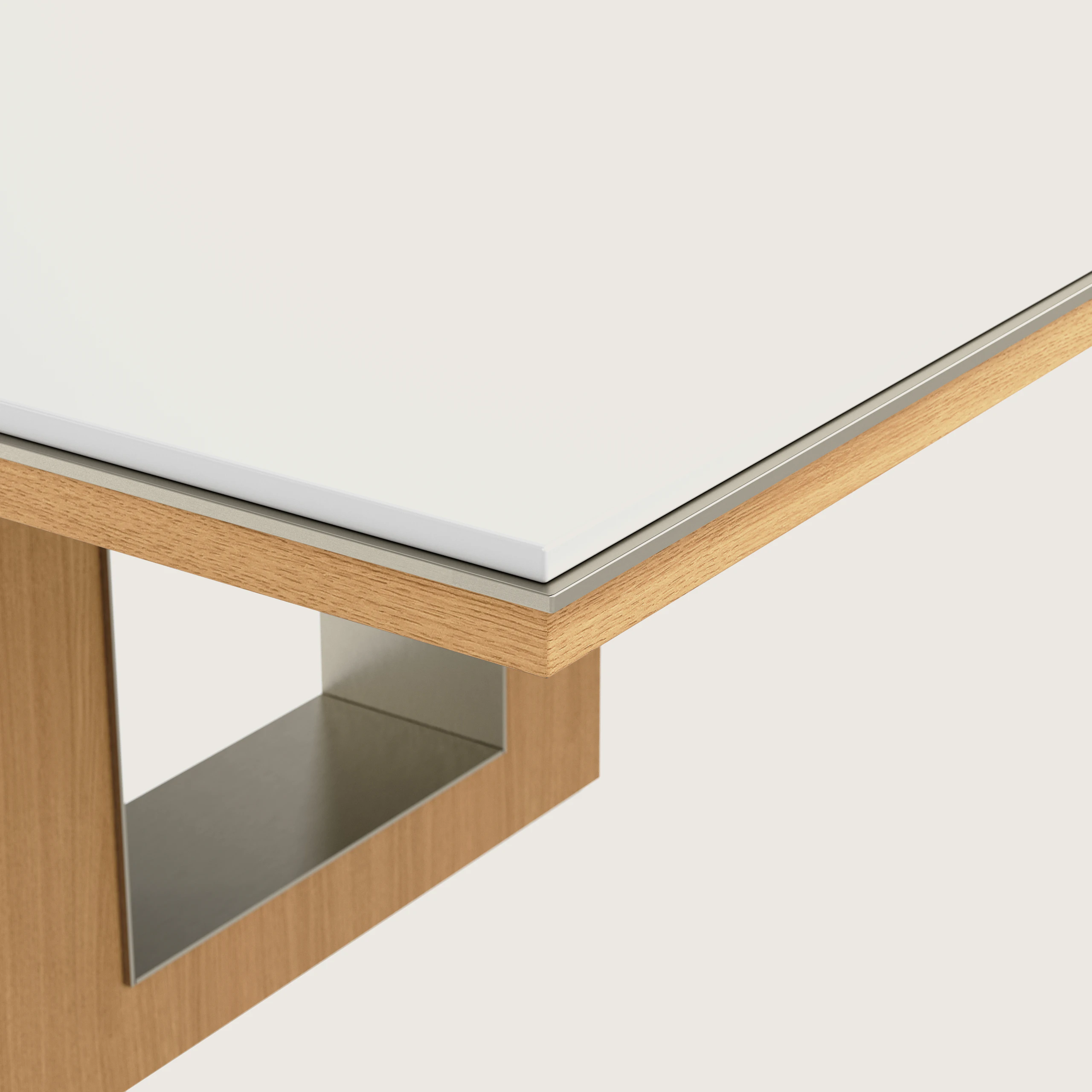 Edge detail shot of Rectangular Highline Fifty Conference Table in Glacier White Corian and Natural Rift Cut Oak with a Satin Nickel edge.