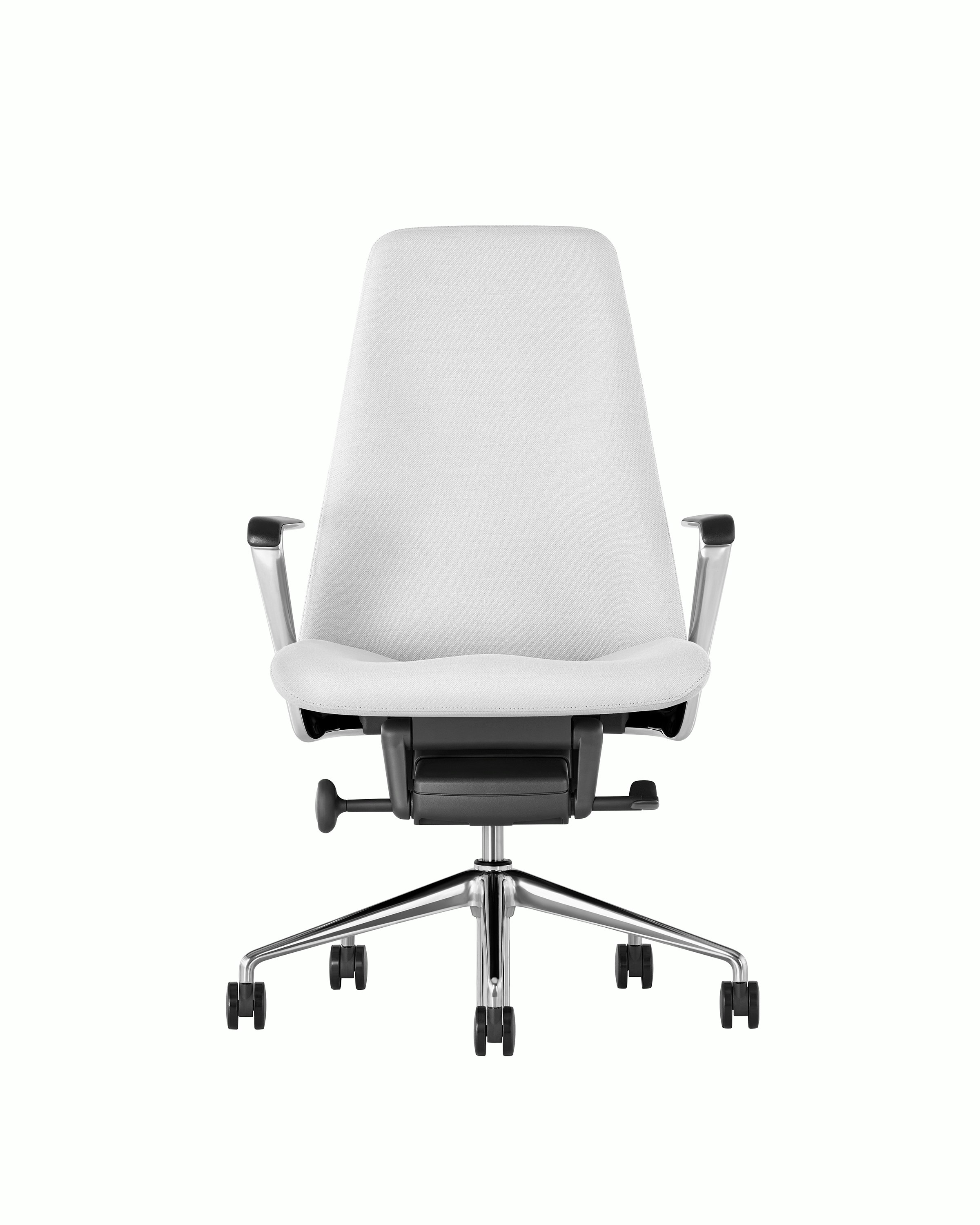 Partial front view of a Taper office chair, emphasizing the white leather upholstery.