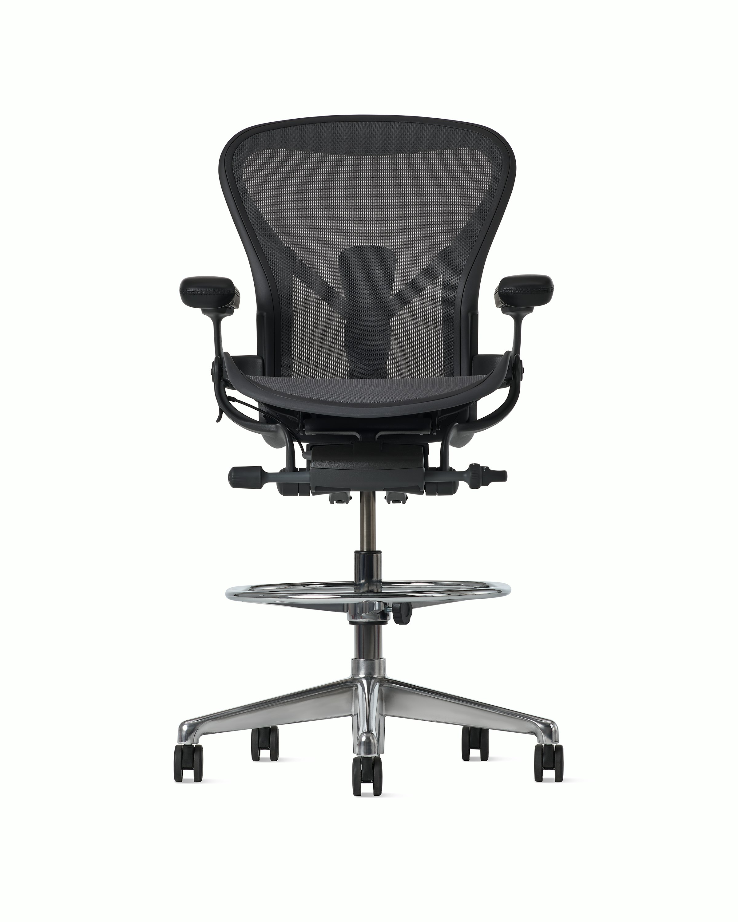 Front view of an Aeron ESD stool, granite frame and suspension and polished base.