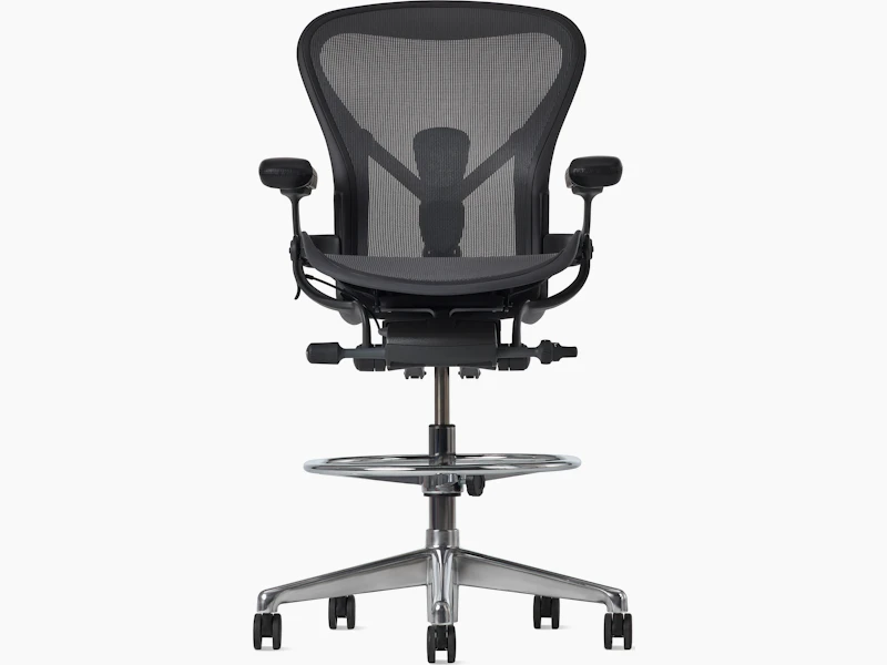 Front view of an Aeron ESD stool, granite frame and suspension and polished base.