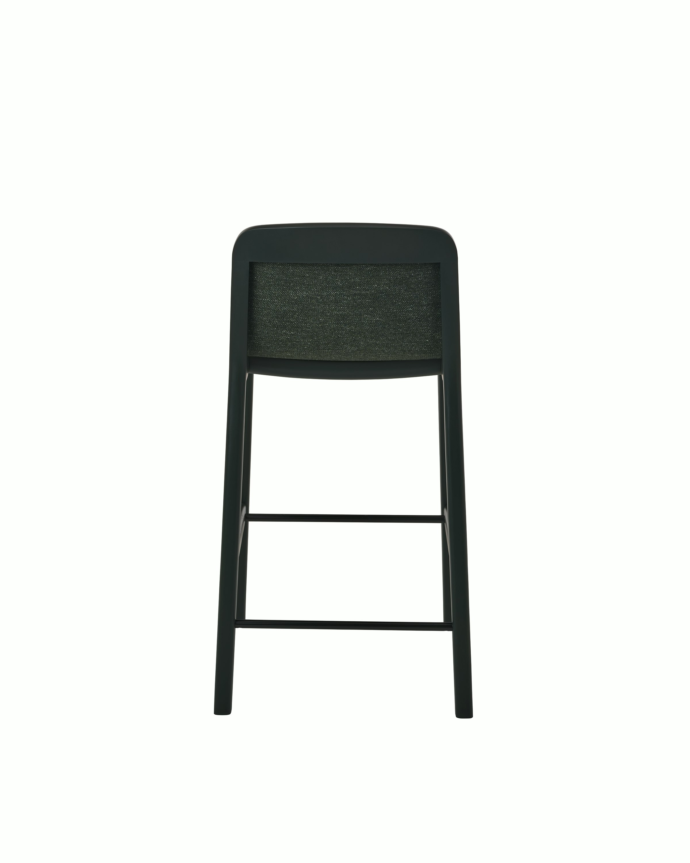 Lijn Stool by Carole Baijings for Geiger in Ivy frame upholstered with Bellano in Black Green, back view on a white sweep.