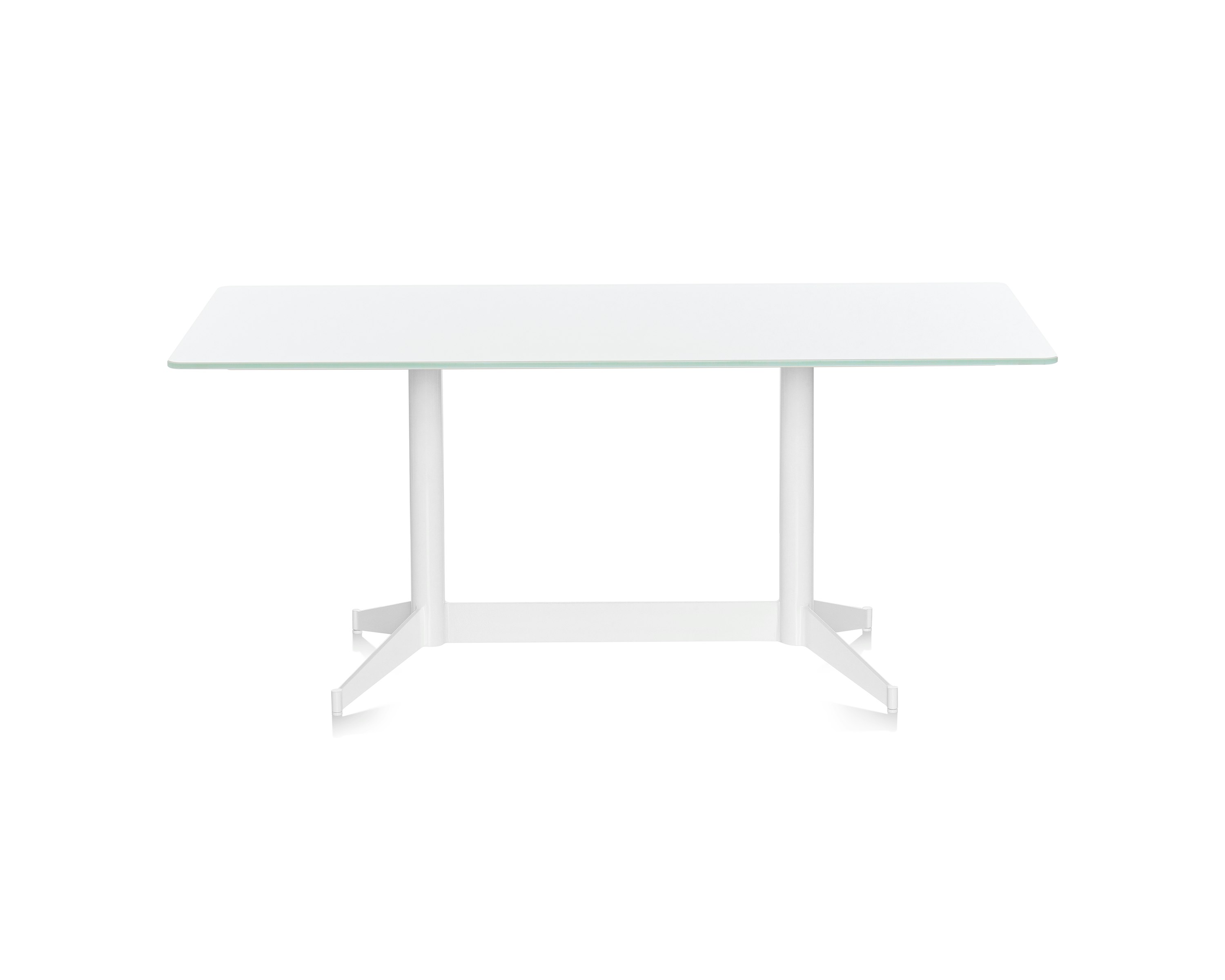 A rectangular MP Table with a white back-painted glass top and white base, viewed from the front.