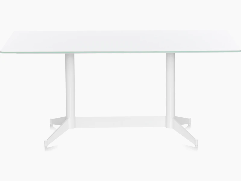 A rectangular MP Table with a white back-painted glass top and white base, viewed from the front.