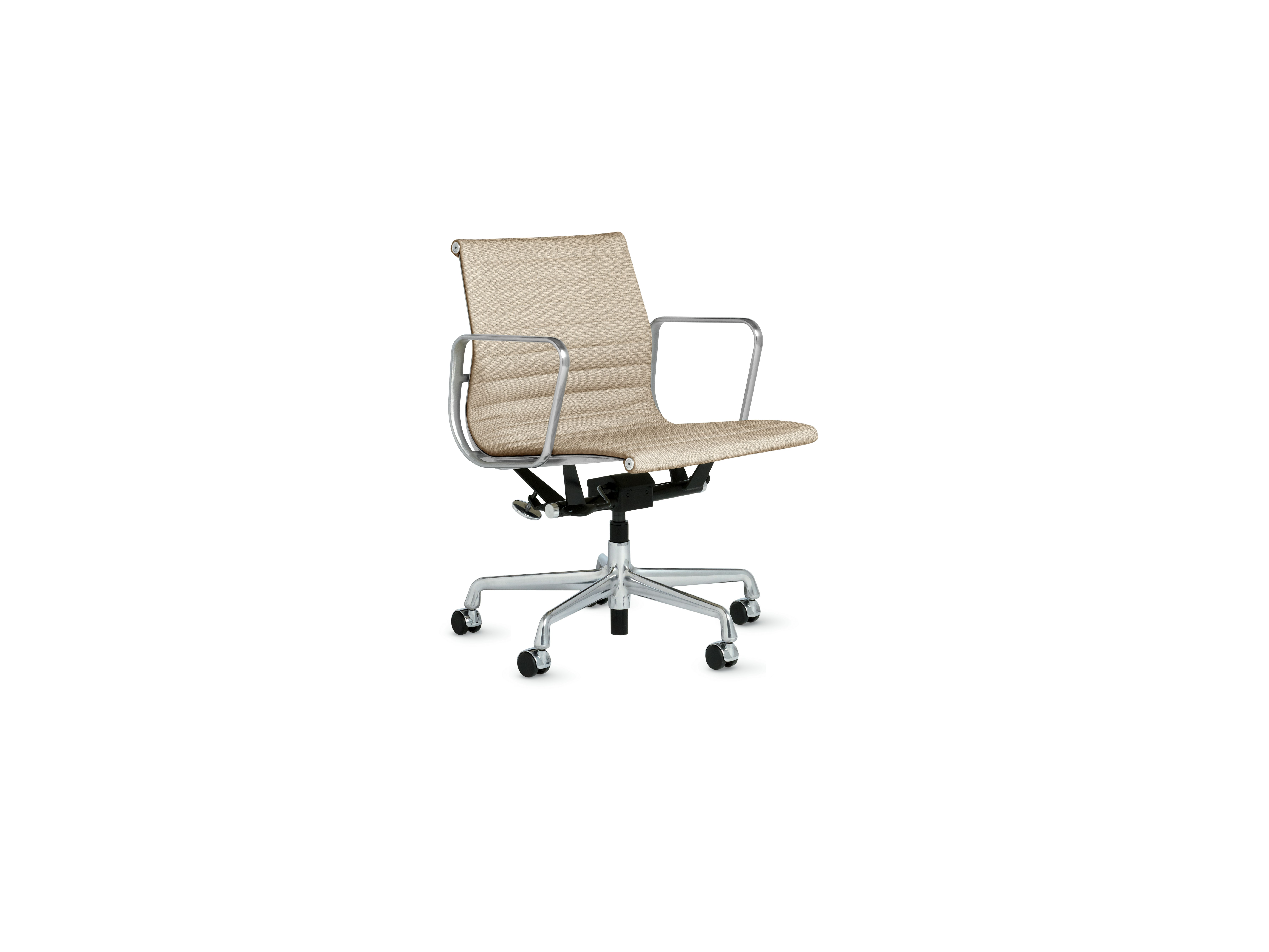 A Eames Aluminum Group Chairs in gentle and chrome viewed from an angle.