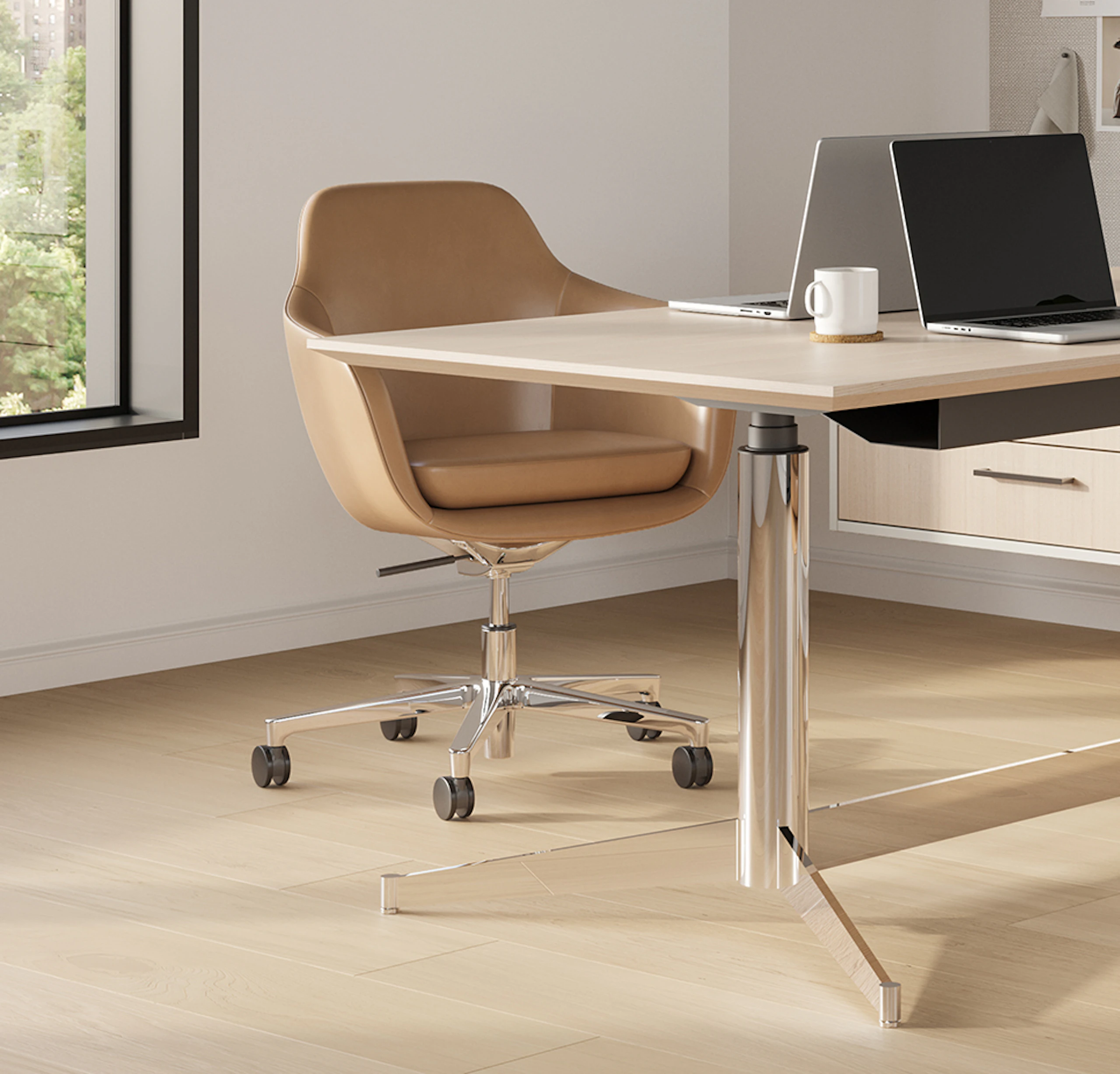 Geiger One Private Office or shared office workspace in Recograin Frosty Ash with Saiba Chairs.