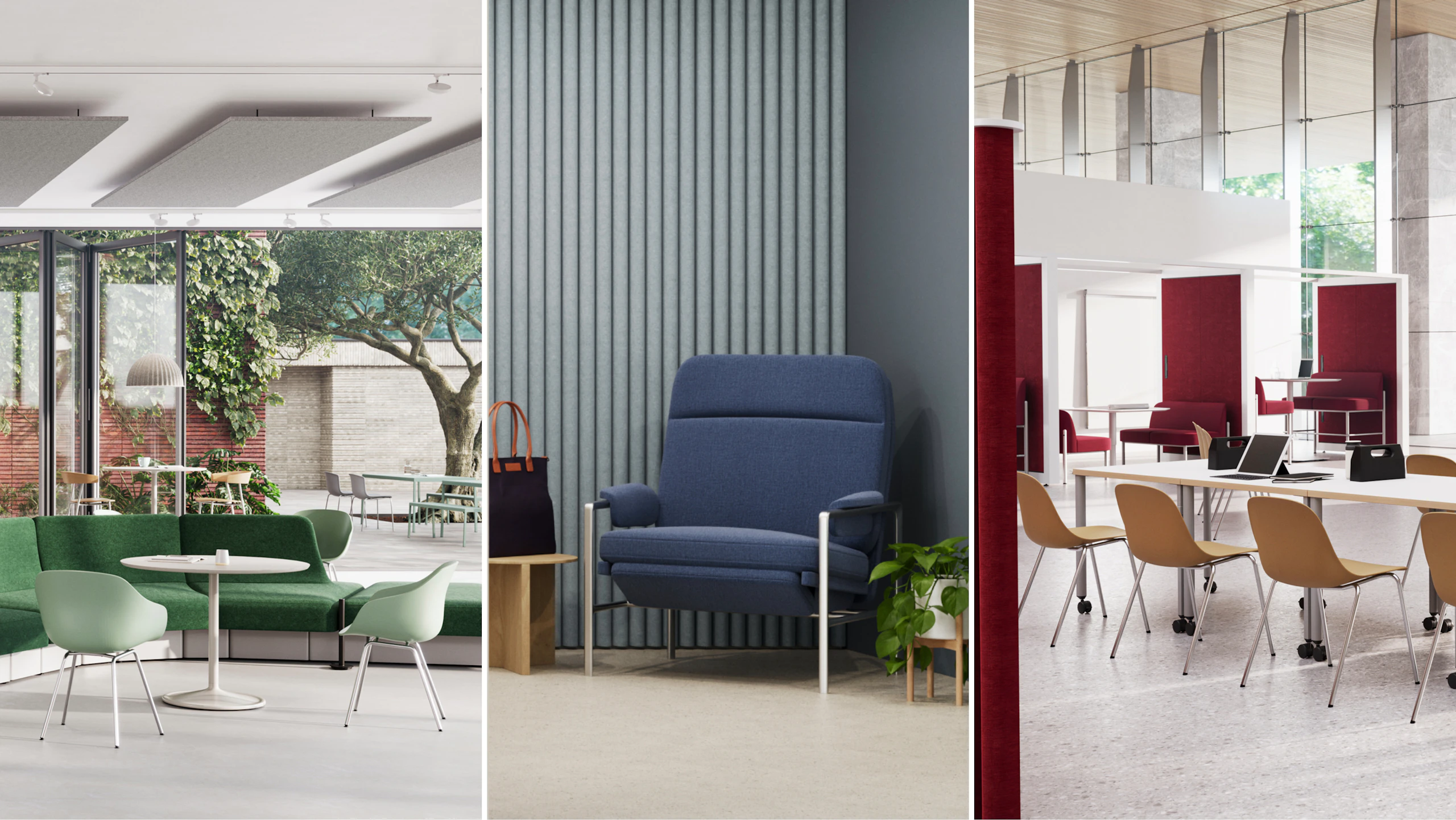 Collage que muestra espacios diversos y modernos: una sala de estar verde, una poltrona azul en un rincón tranquilo y un espacio de trabajo colaborativo con una mesa larga y divisores.