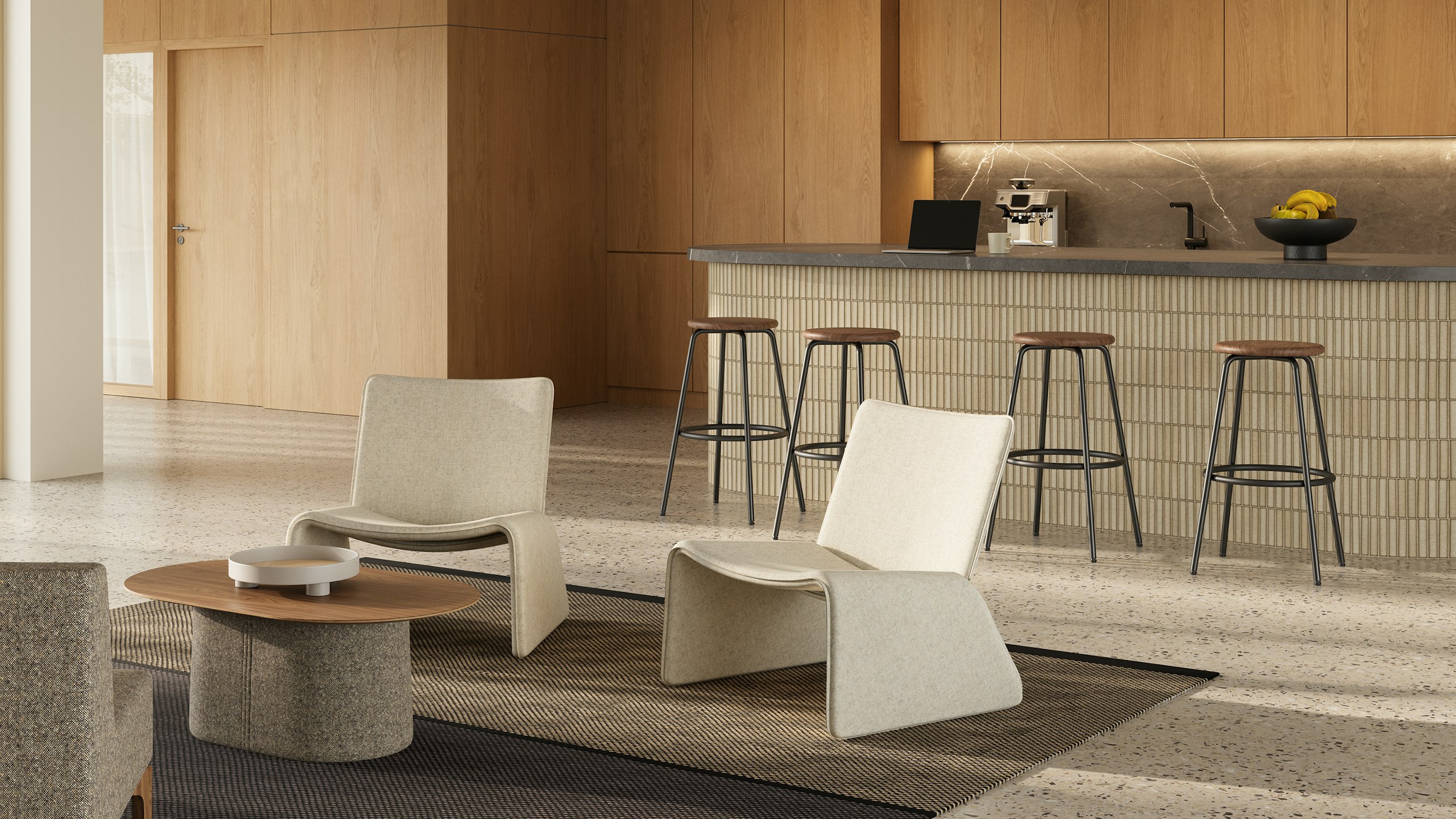 Fin Lounge Chairs in an office café space.