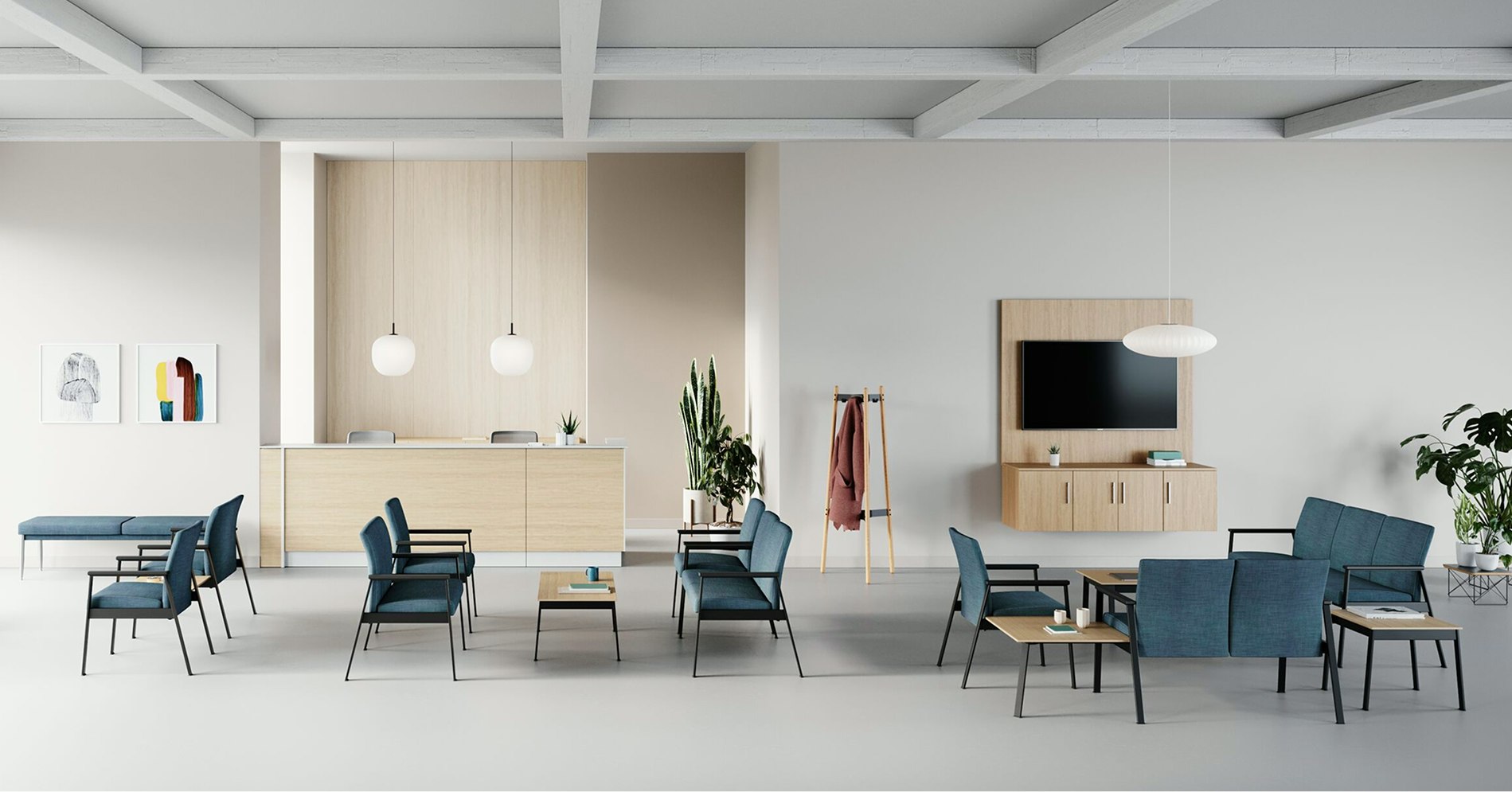 A waiting area setting with Easton Easy Access chairs, Side Chairs, Multiple Seating and Plus Chairs all in blue in various configurations.