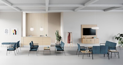 A waiting area setting with Easton Easy Access chairs, Side Chairs, Multiple Seating and Plus Chairs all in blue in various configurations.