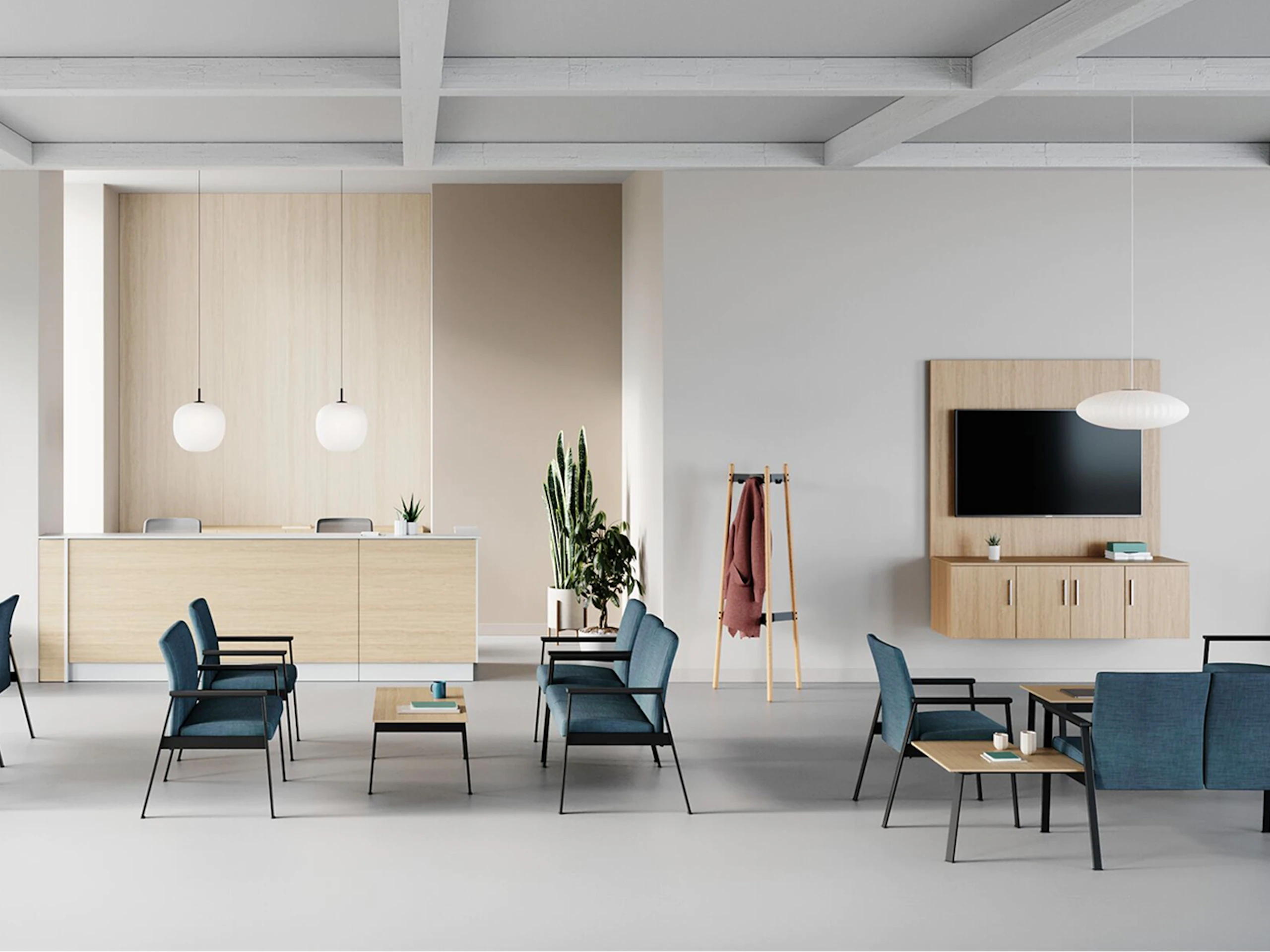 A waiting area setting with Easton Easy Access chairs, Side Chairs, Multiple Seating and Plus Chairs all in blue in various configurations.