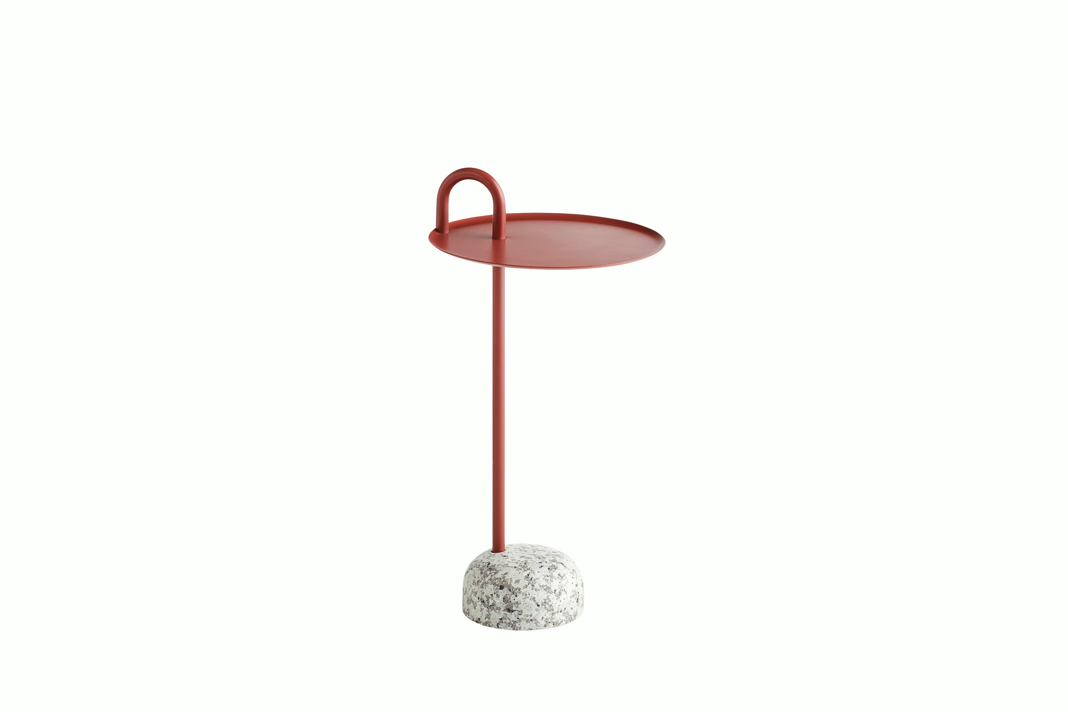 A front view of the Bowler Side Table in red with a granite base.