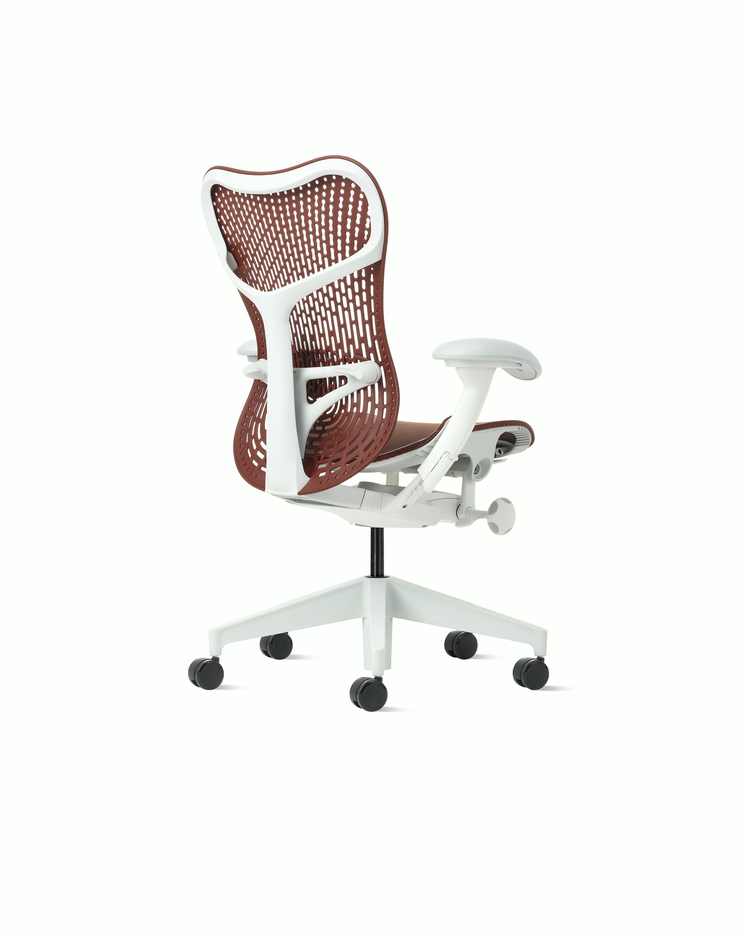 Rear angle view of a Mirra 2 chair with Trflex back in cordovan and an alpine frame