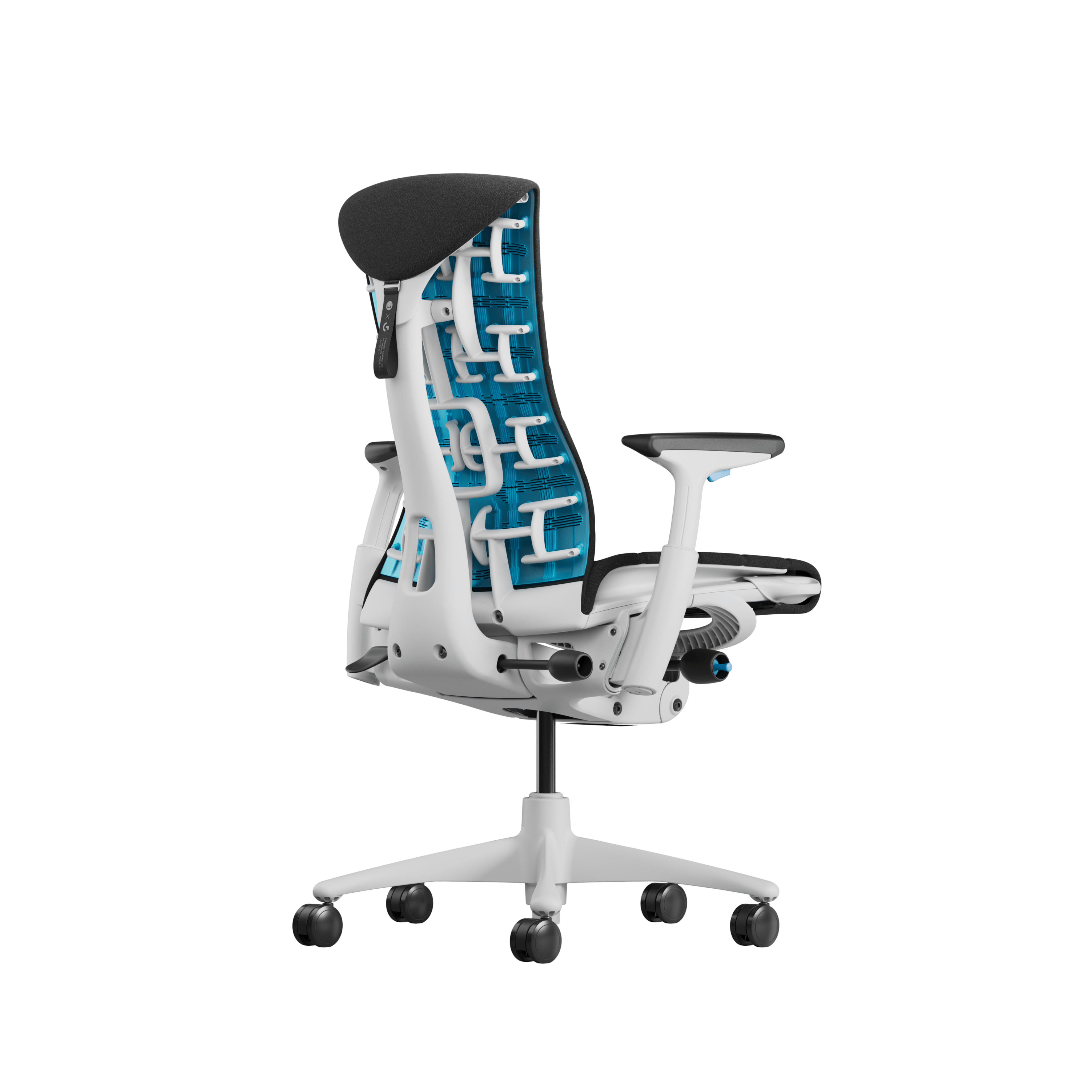 Embody Gaming Chair in White, Black and Cyan viewed from the  back angle