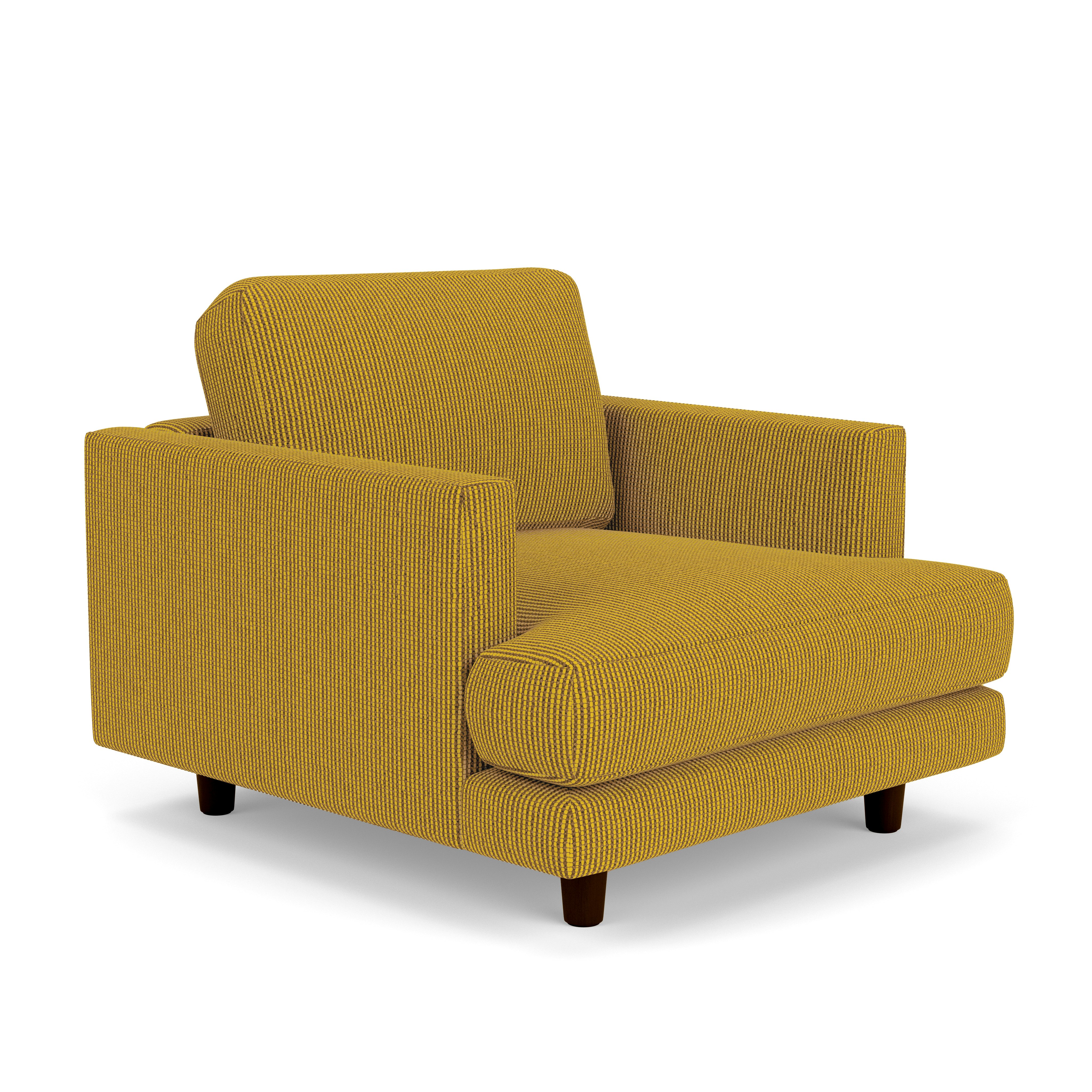 A D'Urso Lounge Chair in Cadmium Burnt Walnut on Oak viewed from an angle.