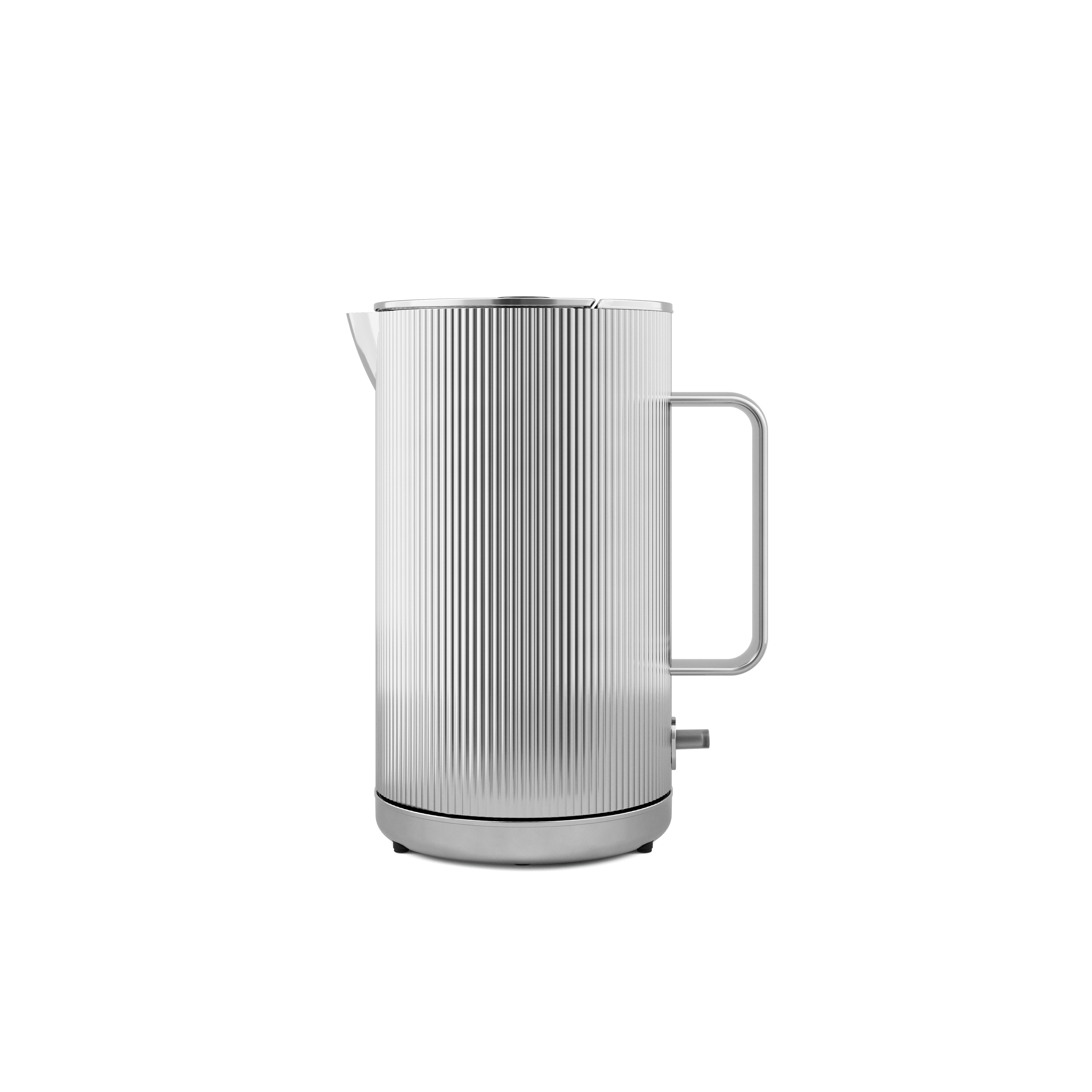A Bernadotte Electric Kettle - Stainless Steel in grey viewed from the side.