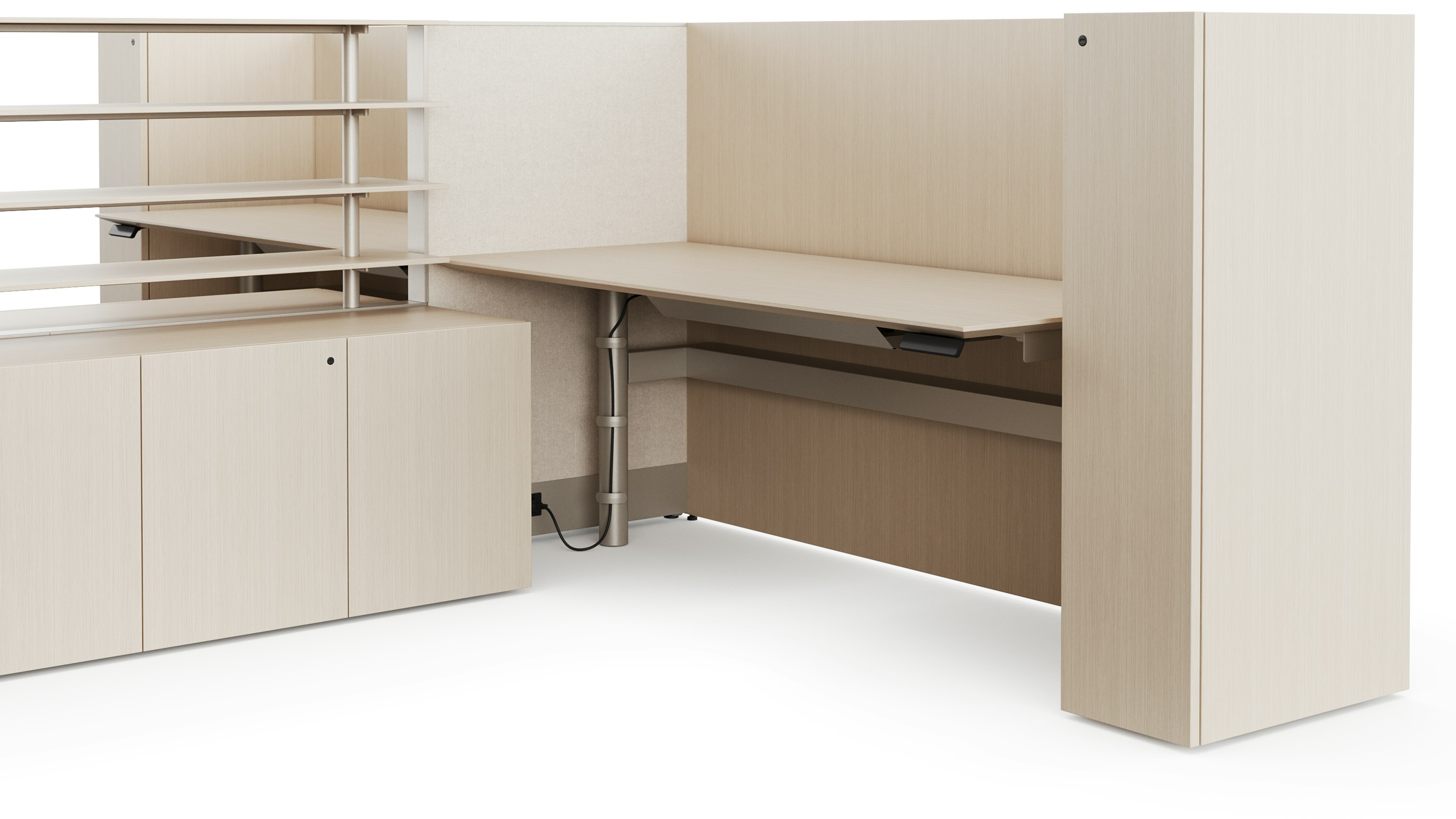 A white sweep rendering viewed from an angle of a light colored height adjustable table with floor standing panels surrounding two sides off of the table.