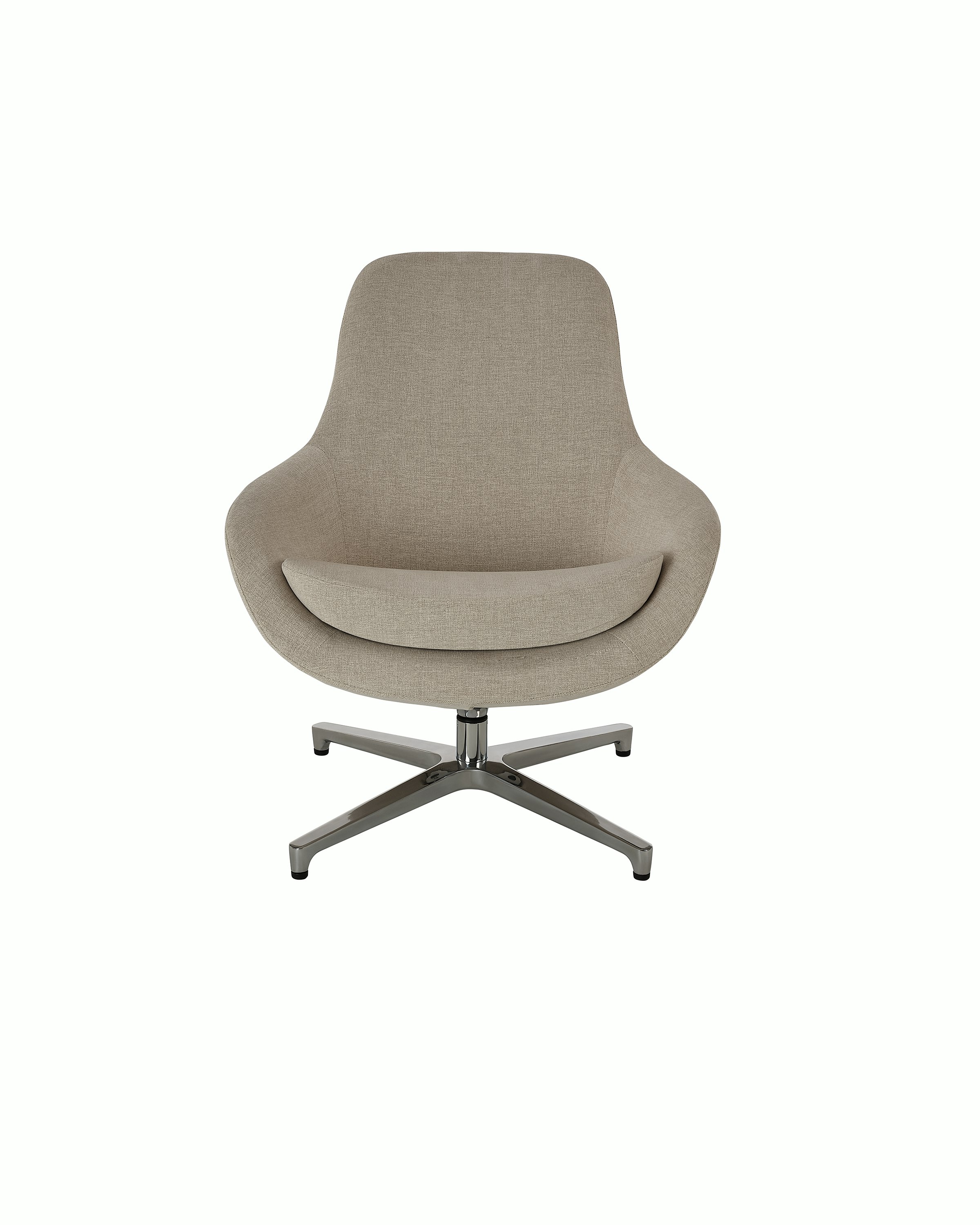 Saiba Lounge Chair designed by Naoto Fukasawa upholstered in Vionette in Desert Mix with a polished aluminum base, shown front-facing on a white sweep.