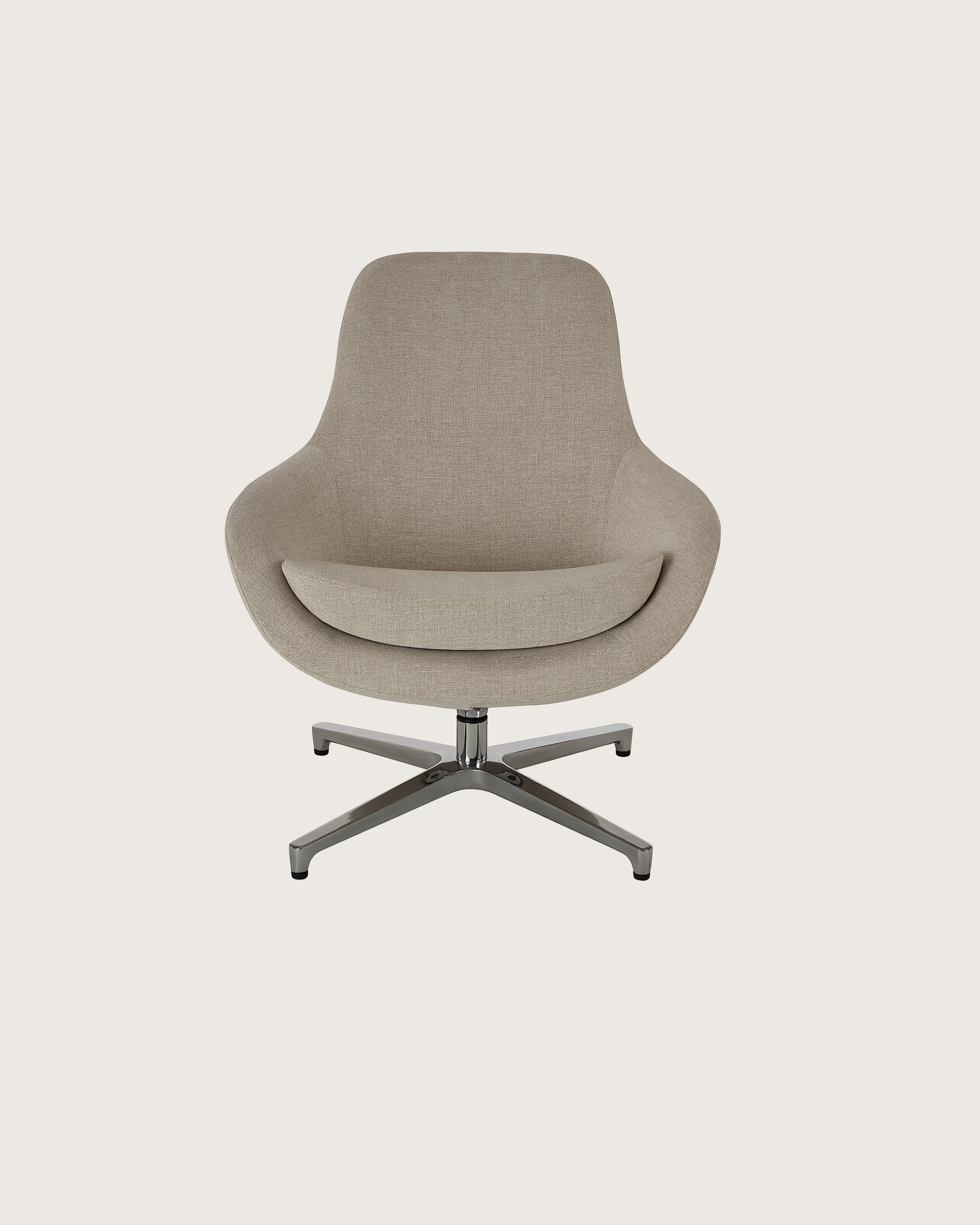 Saiba Lounge Chair designed by Naoto Fukasawa upholstered in Vionette in Desert Mix with a polished aluminum base, shown front-facing on a white sweep.