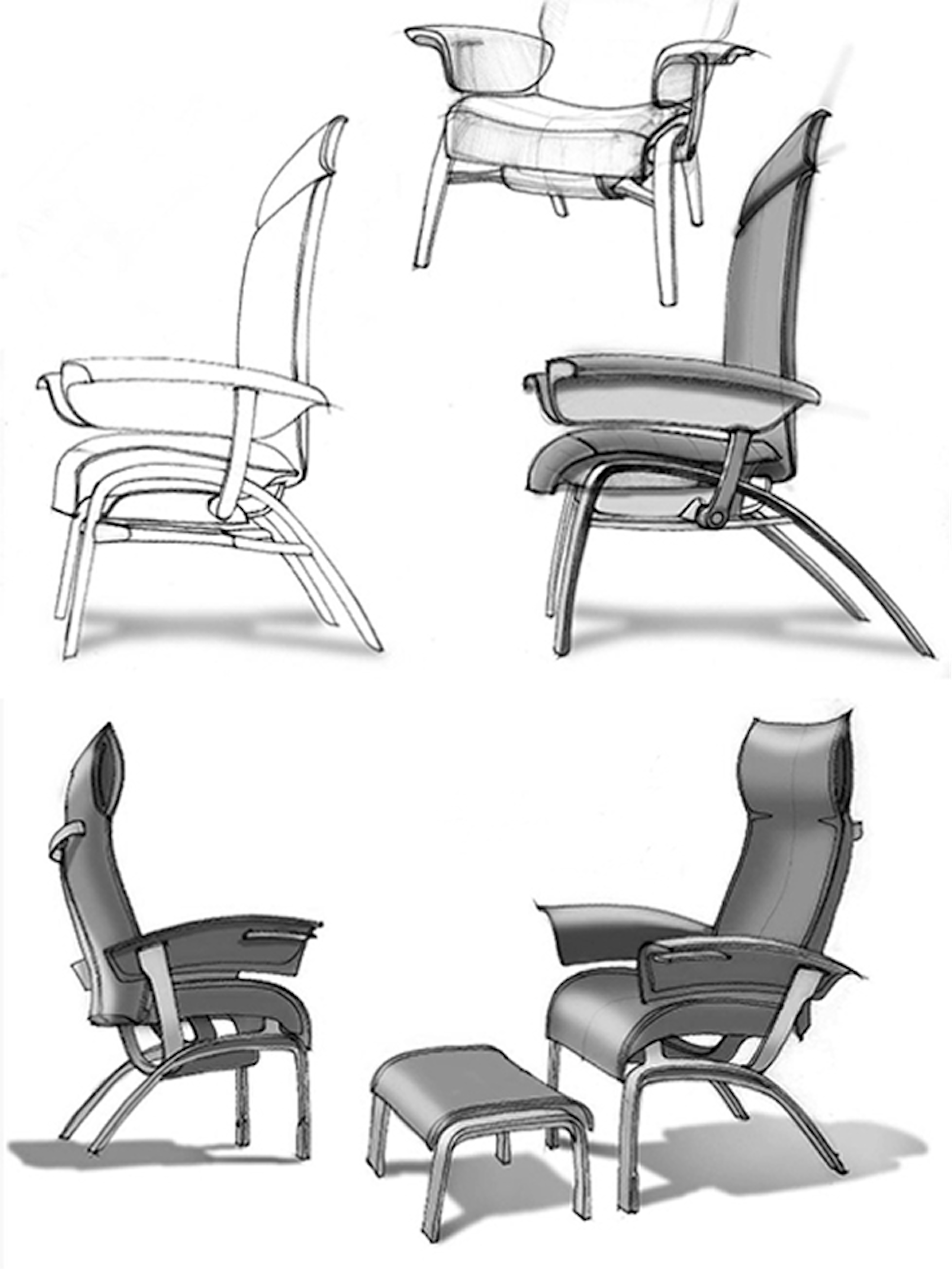 Sketches tracing the development of the Nemschoff Nala Patient Chair by Herman Miller