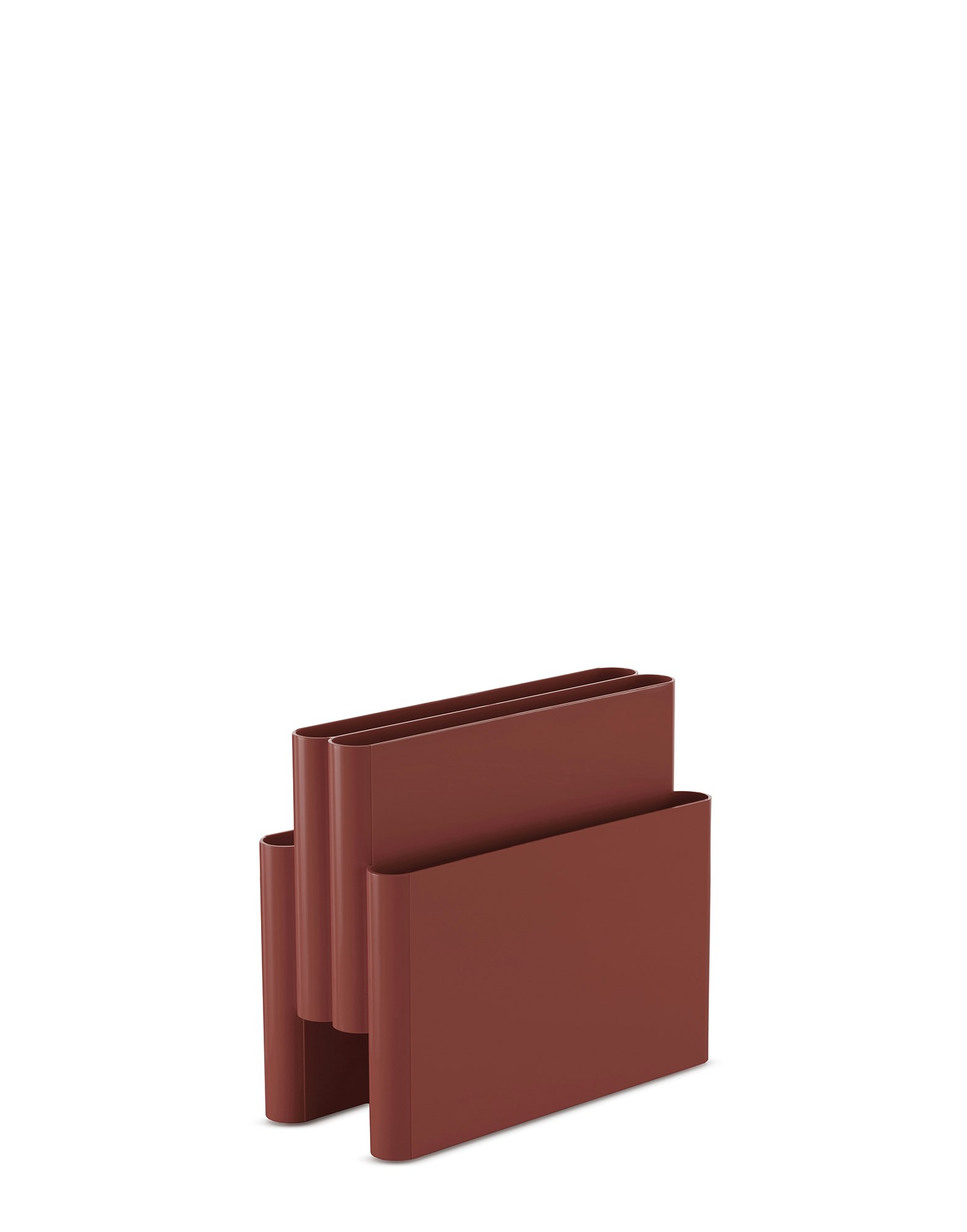 A Magazine Rack in Burgundy viewed from an angle.