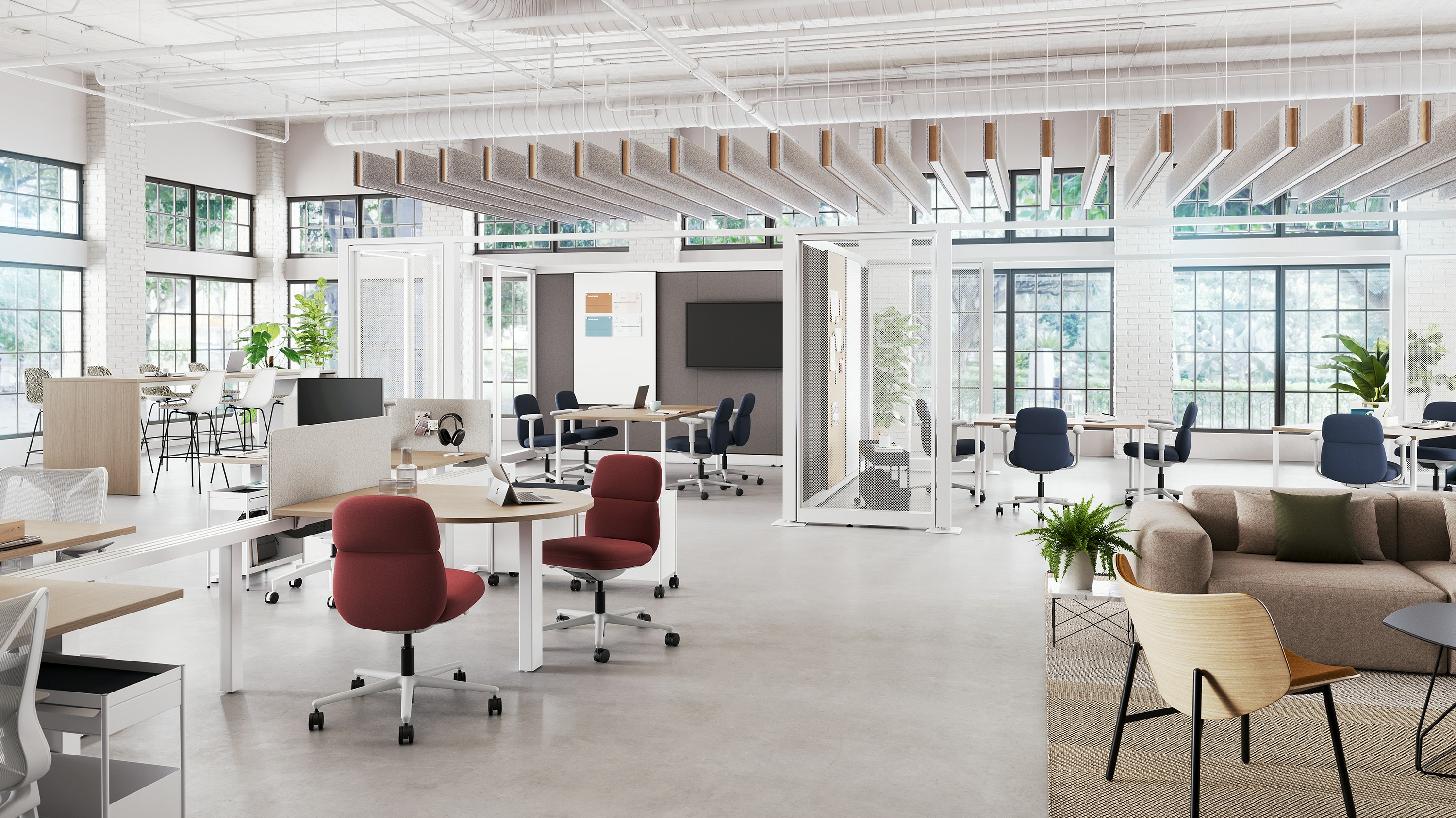 A workplace neighborhood that feaatures Asari chairs, a variety of flexible work points, focused space and meeting rooms.