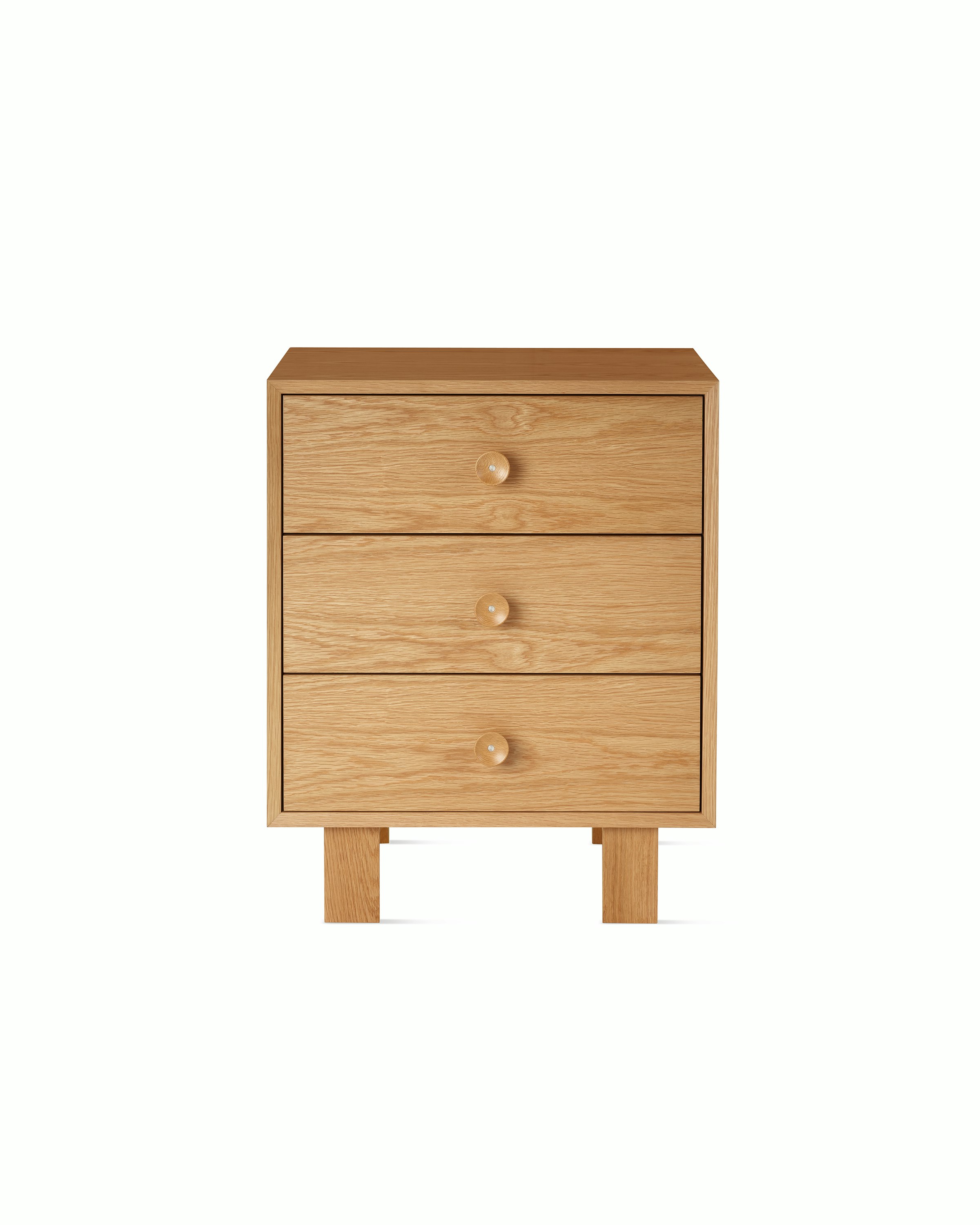 Nelson Basic Cabinet Series 3 drawer cabinet, standard square legs, cupcake pulls, in natural oak.