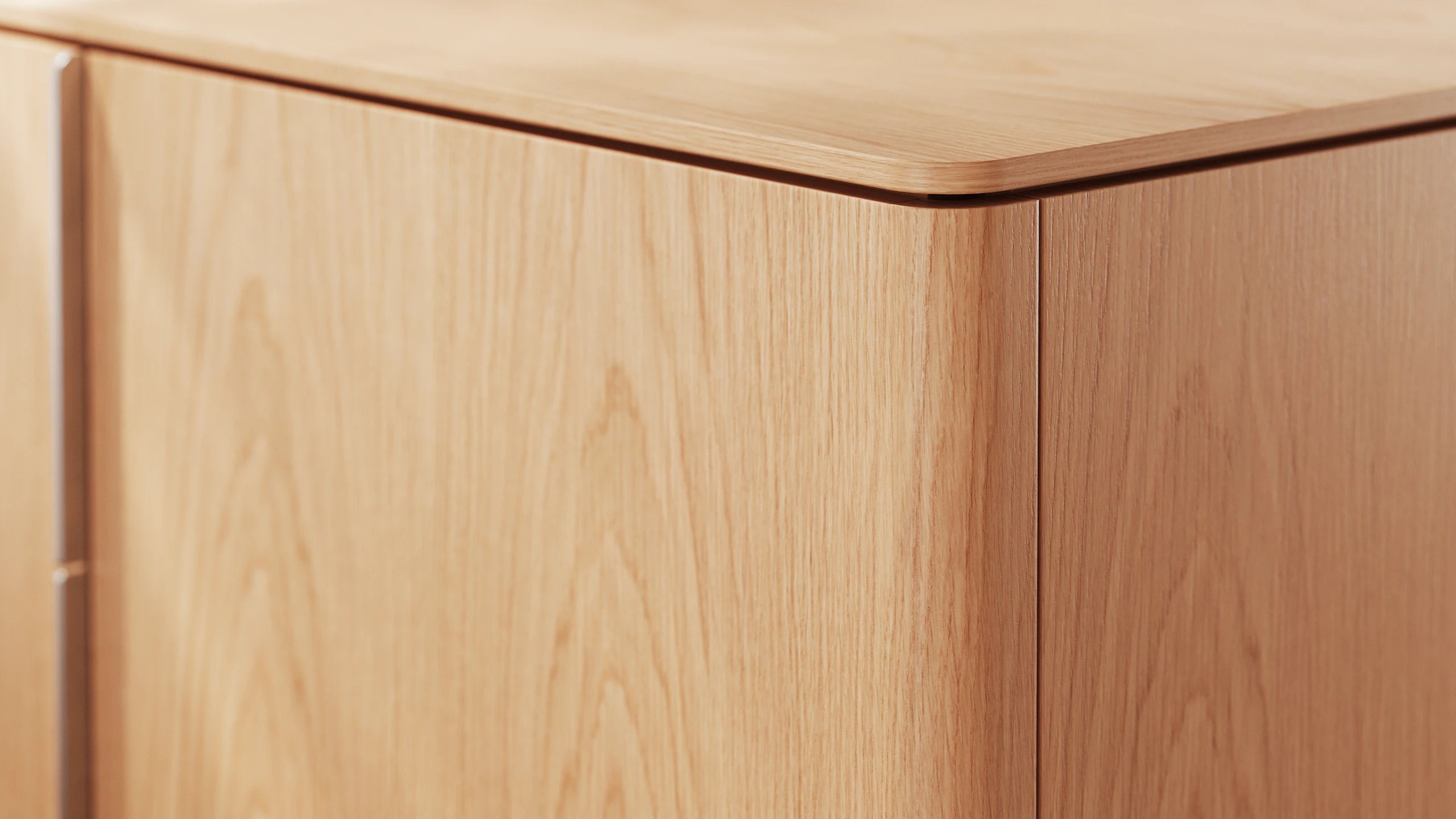 Detail shot of Ascent Credenza designed by EOOS in Natural Flat Cut Oak showing the credenza corner.