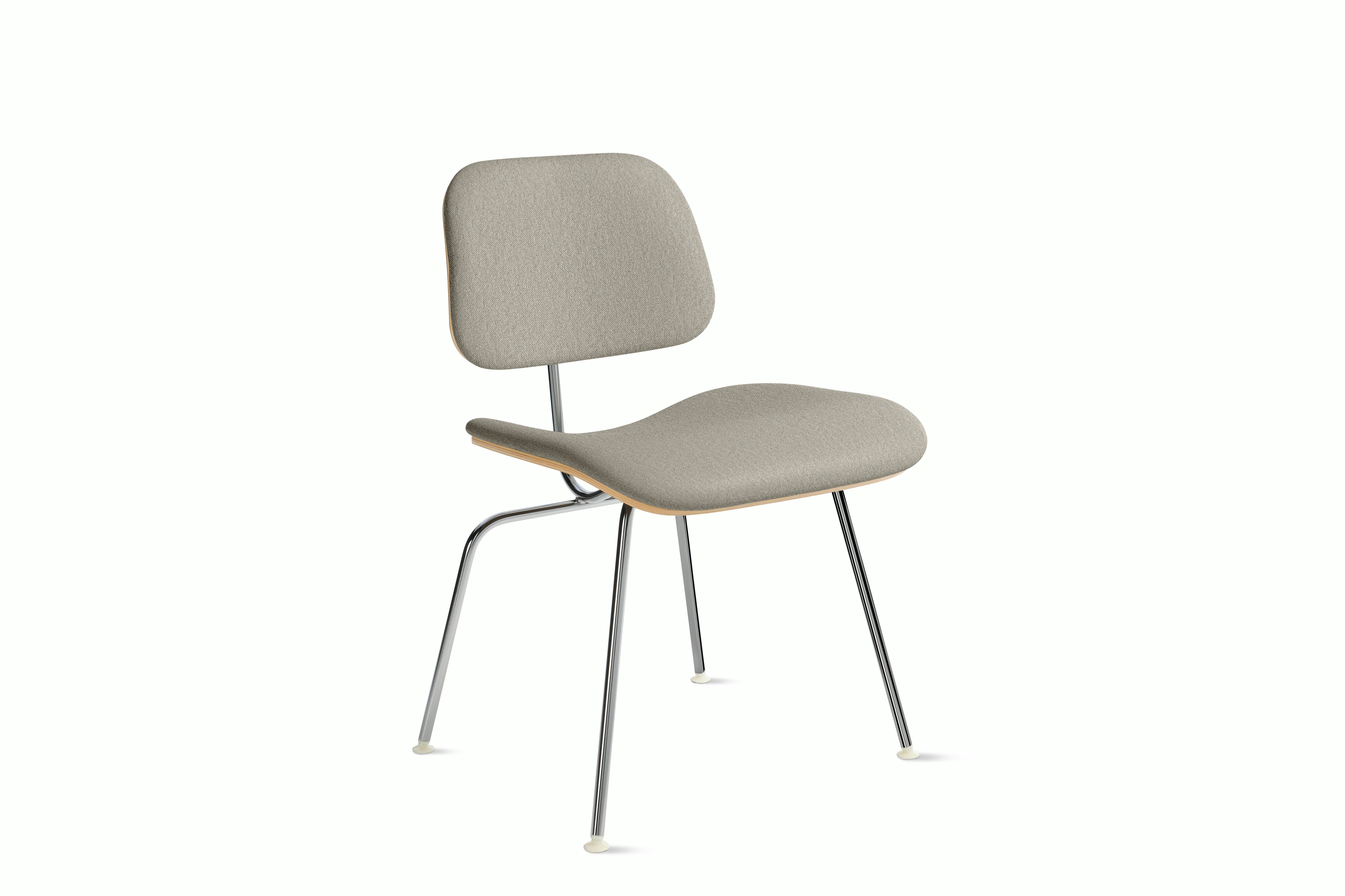 Eames Molded Plywood DCM - Upholstered, Santos Palisander, Album Linen, Wisp, Trivalent Chrome