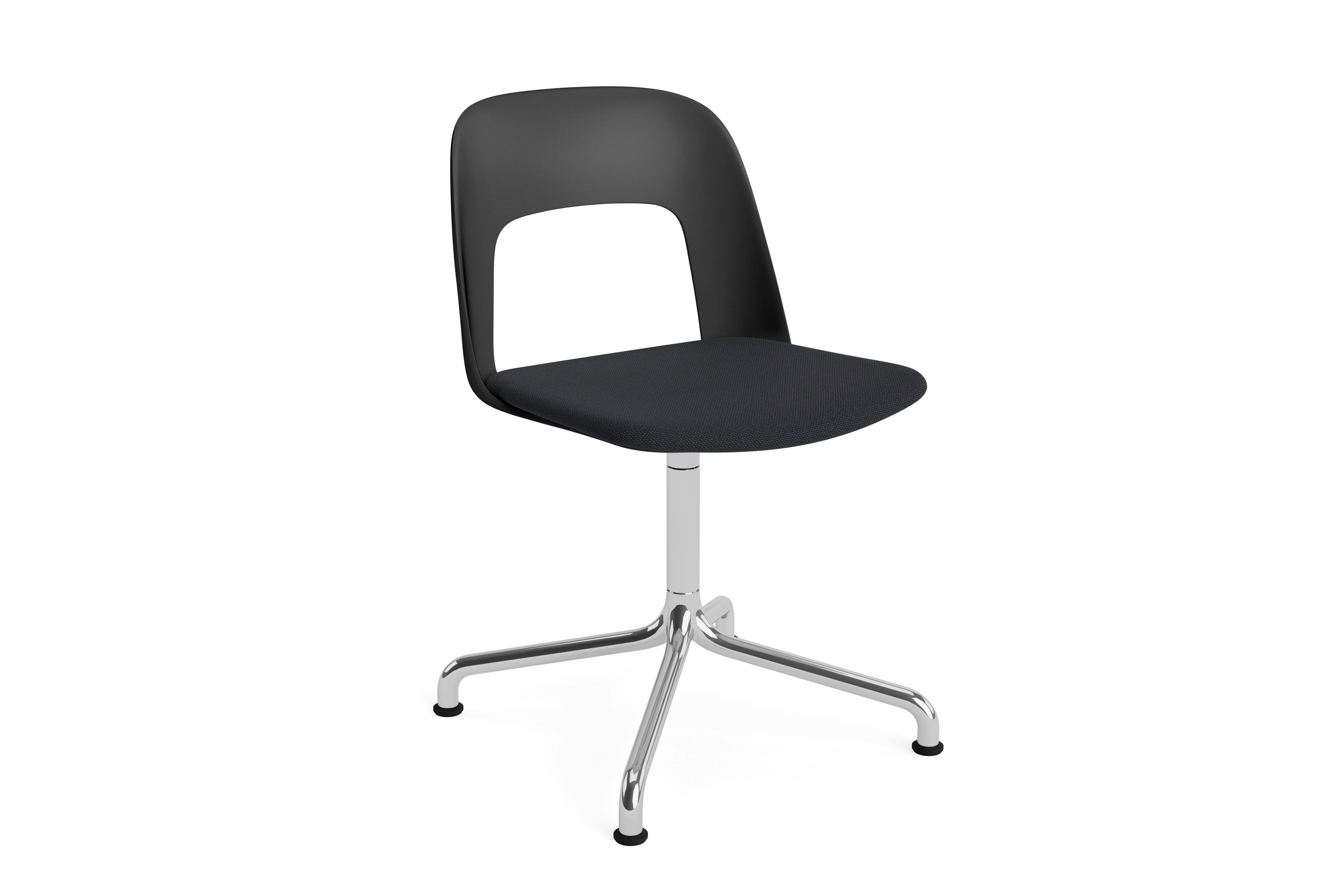 Layout Chair black polypropylene arm shell with matching black aluminum upholstered seat on polished aluminum arc base, front angled view
