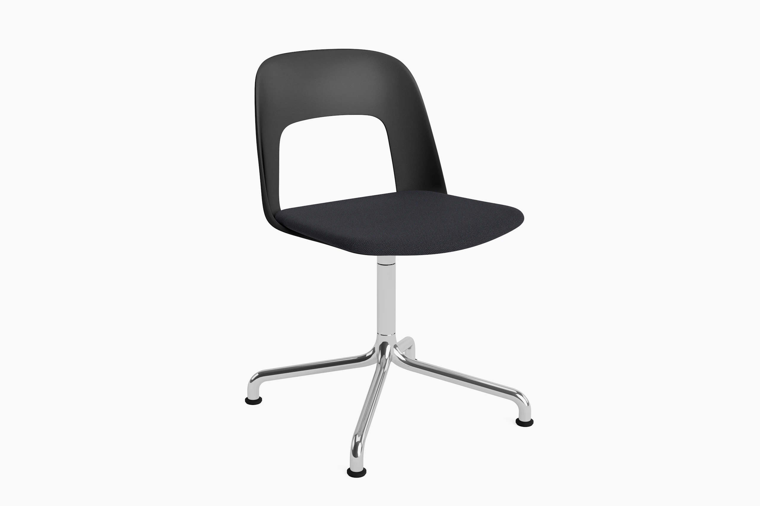 Layout Chair black polypropylene arm shell with matching black aluminum upholstered seat on polished aluminum arc base, front angled view