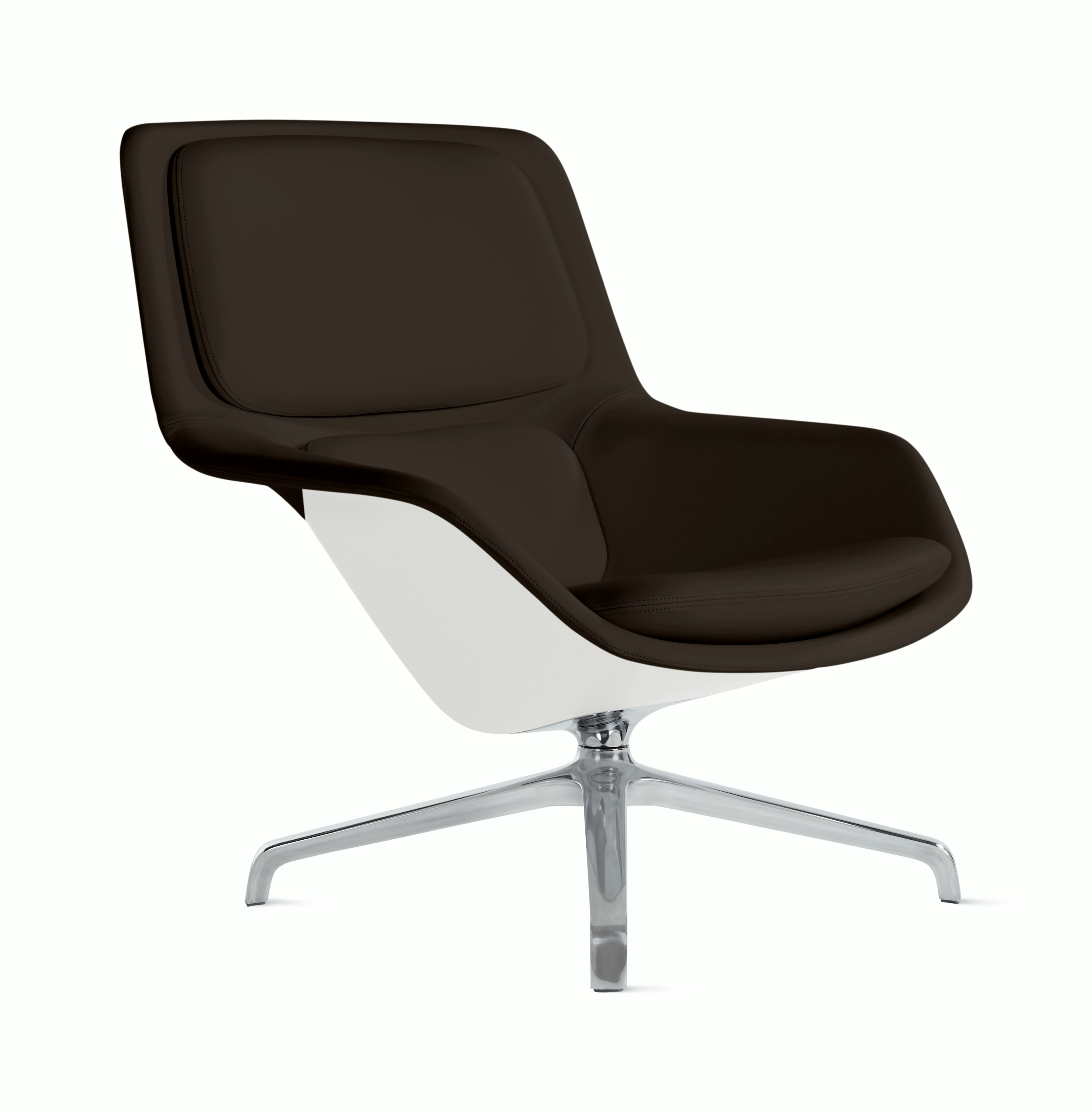 Striad Lounge Chair in Mid Back,  4-Star Swivel Base Polished Alumium,  Prone Leather,  Java with White Shell