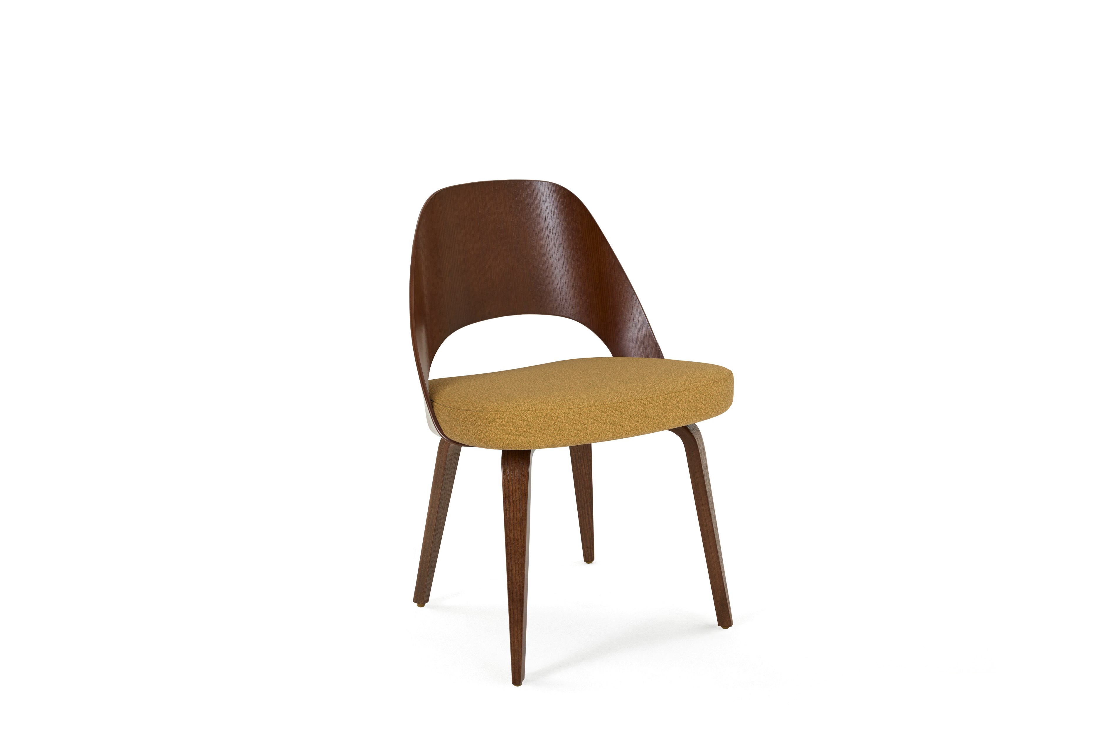 A Saarinen Executive Veneer Back Side Chair in classic boucle yam light walnut viewed from an angle.