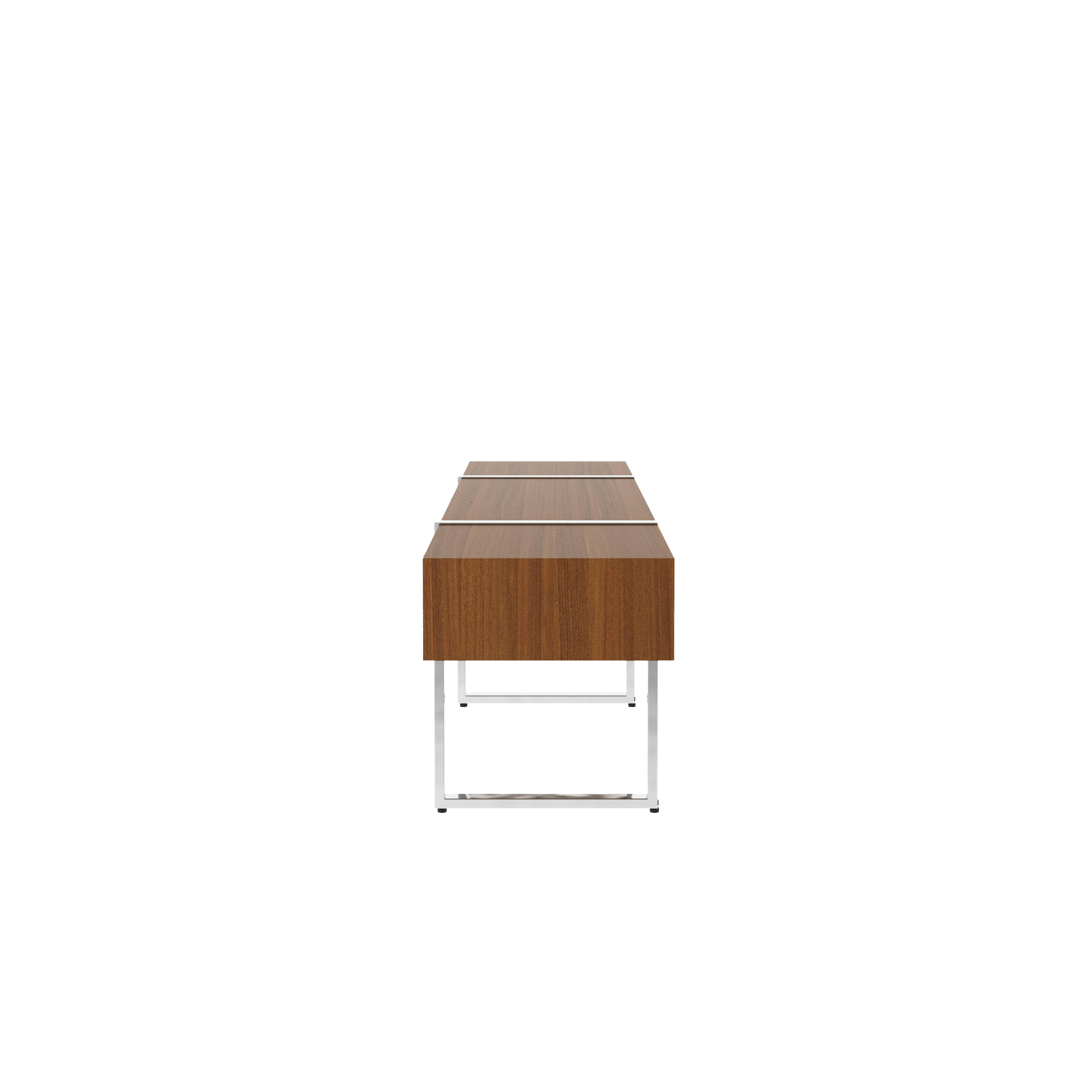 Highline Credenza in Natural Quarter Cut Walnut with Polished Chrome pull tabs and legs viewed from the side.