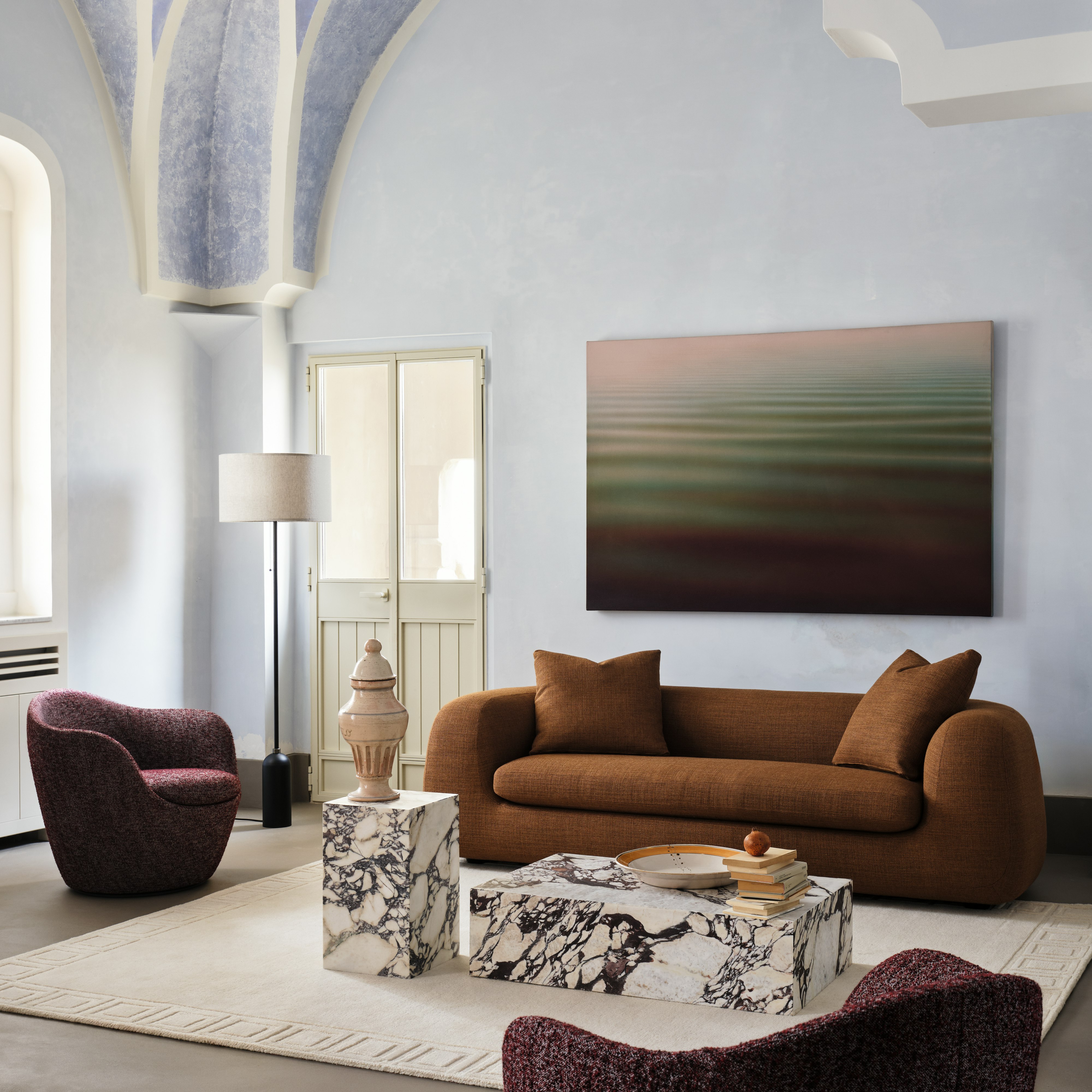 Americano Sofa in Rattan fabric with Plinth Tables and Lina Swivels in Ramil Merlot