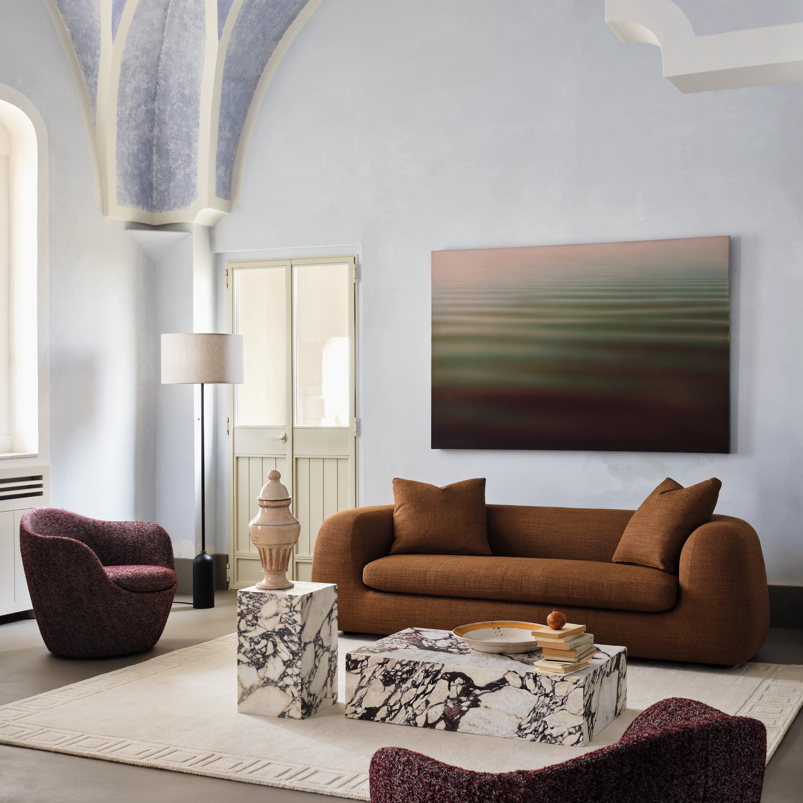 Americano Sofa in Rattan fabric with Plinth Tables and Lina Swivels in Ramil Merlot.