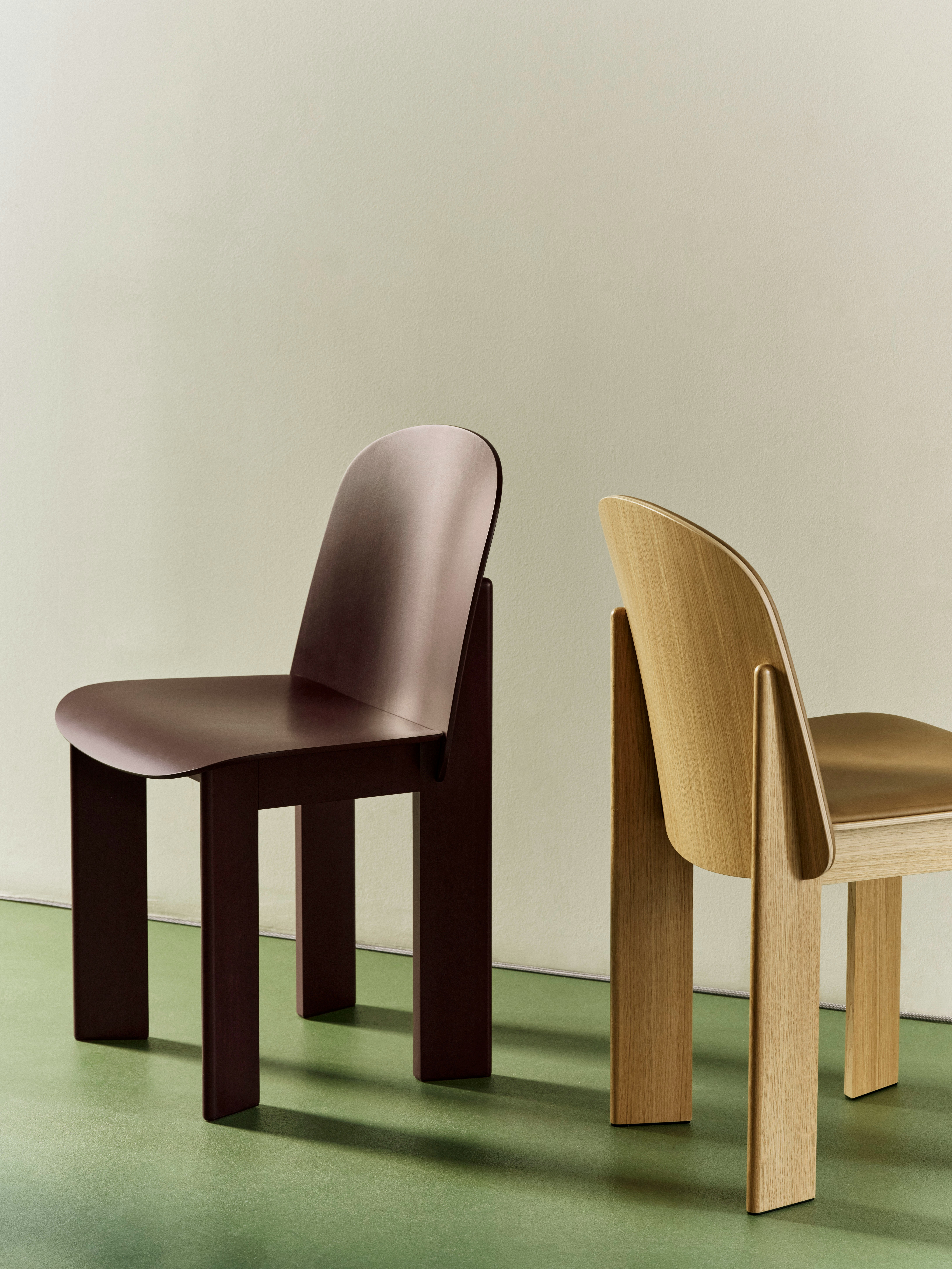 Chisel Chair in dark bordeaux beech and oak, front and back angled view