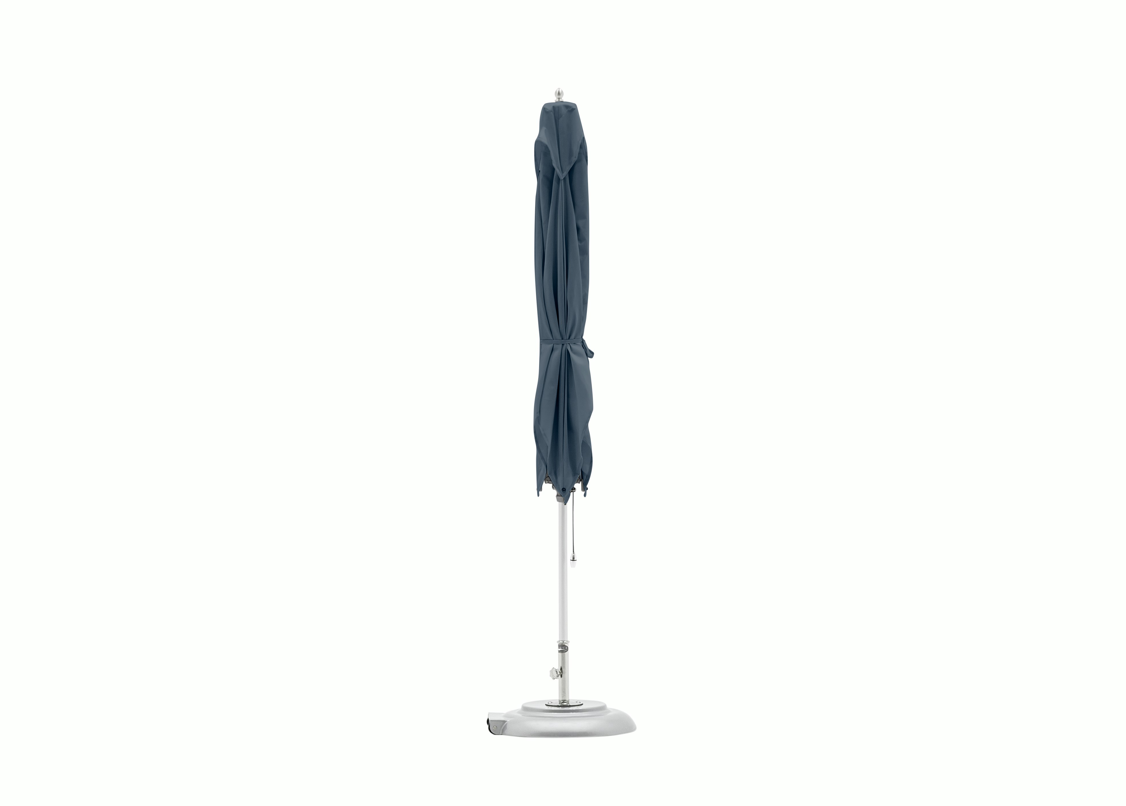 A Tuuci Bay Master Fiber Flex Hexagon Umbrella in Blue Stone viewed from the front.