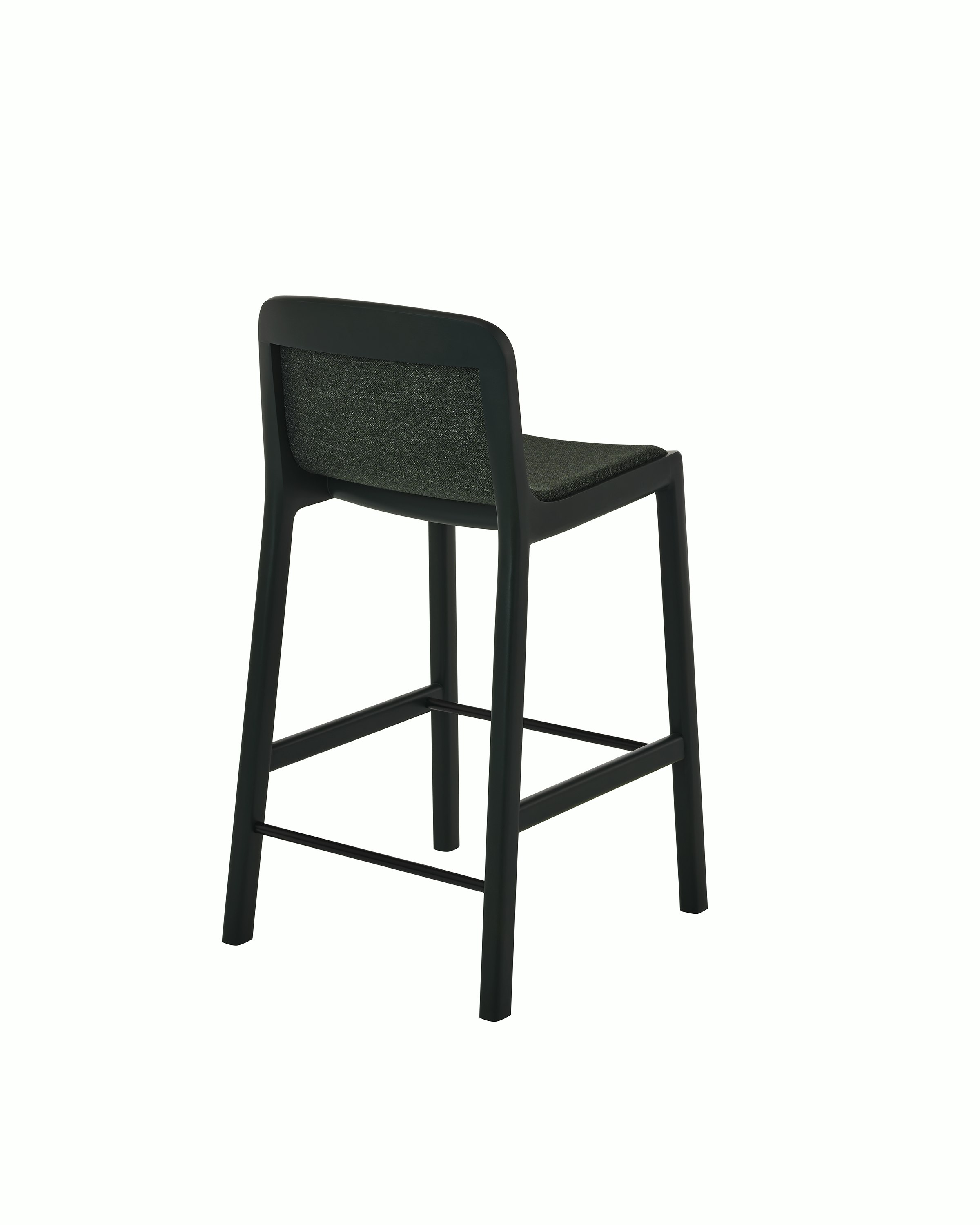 Lijn Stool by Carole Baijings for Geiger in Ivy frame upholstered with Bellano in Black Green, angled back view on a white sweep.