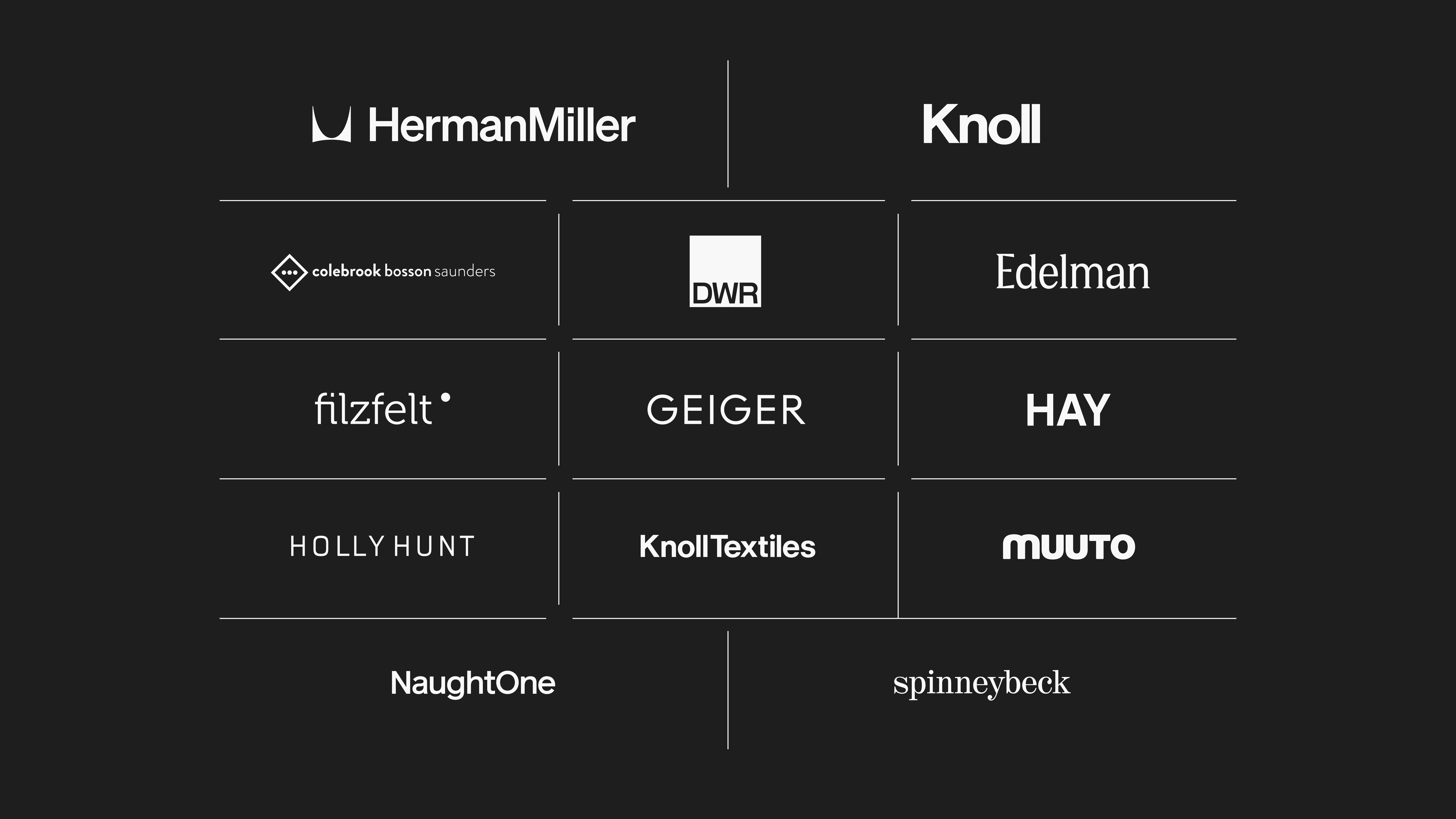 Black and white logo grid featuring logos for Herman Miller, Knoll, Colebrook Bosson Saunders, DWR, Edelman, Filzfelt, Geiger, HAY, HOLLY HUNT, KnollTextiles, Muuto, NaughtOne, and Spinneybeck.