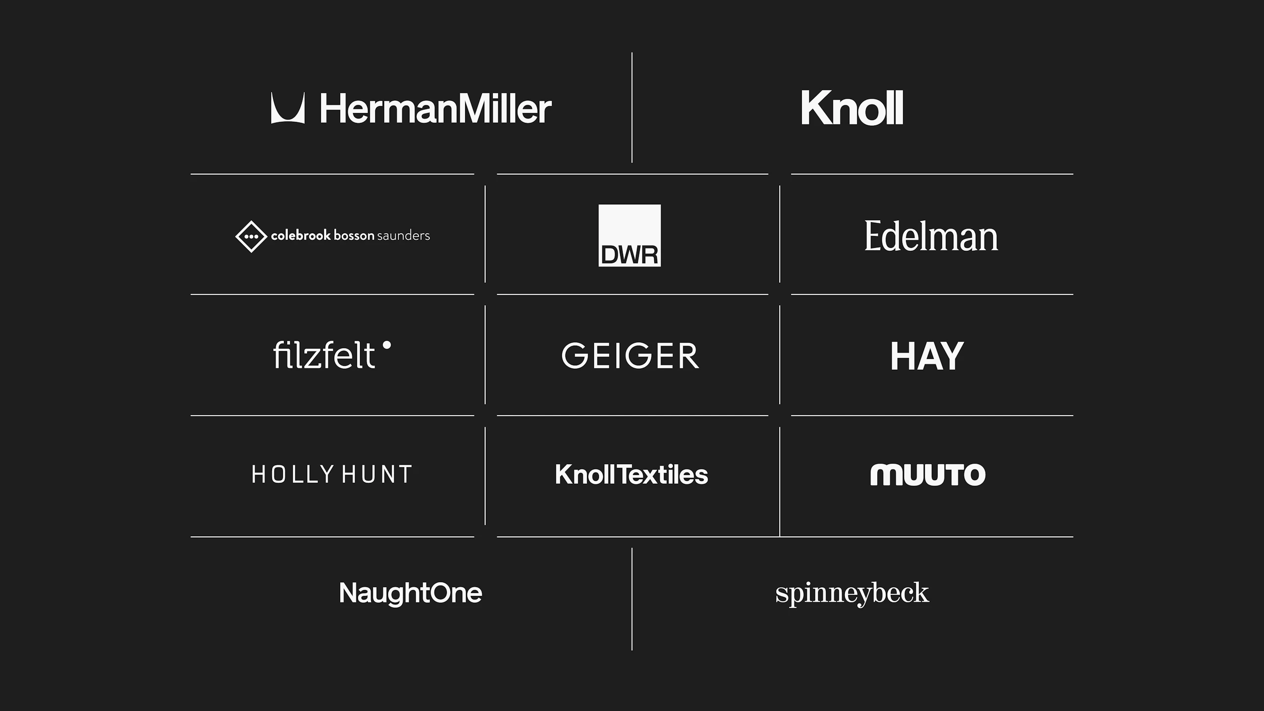 Black and white logo grid featuring logos for Herman Miller, Knoll, Colebrook Bosson Saunders, DWR, Edelman, Filzfelt, Geiger, HAY, HOLLY HUNT, KnollTextiles, Muuto, NaughtOne, and Spinneybeck.