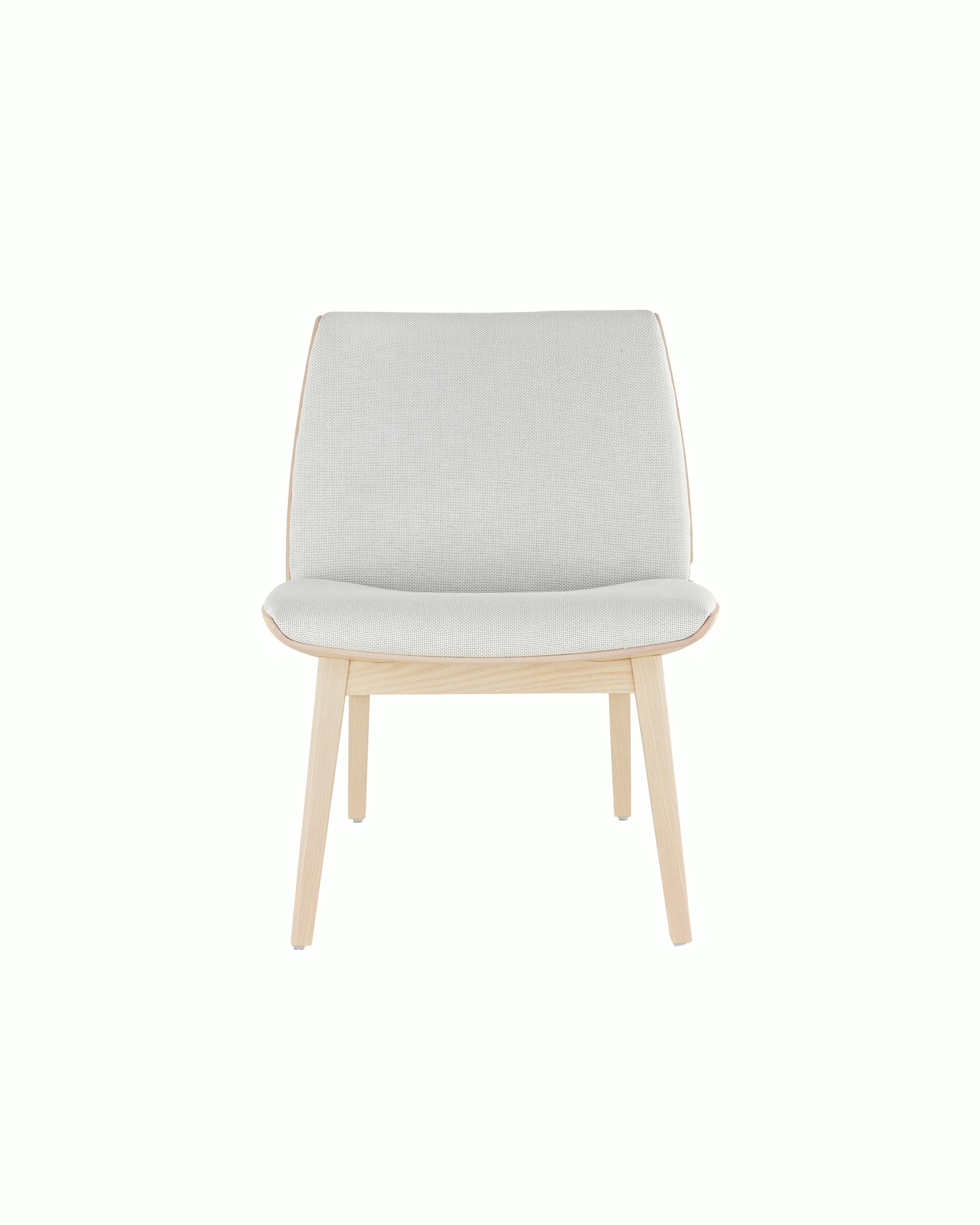 Front view of a low-back Clamshell Lounge Chair with off-white fabric upholstery and light-ash legs.