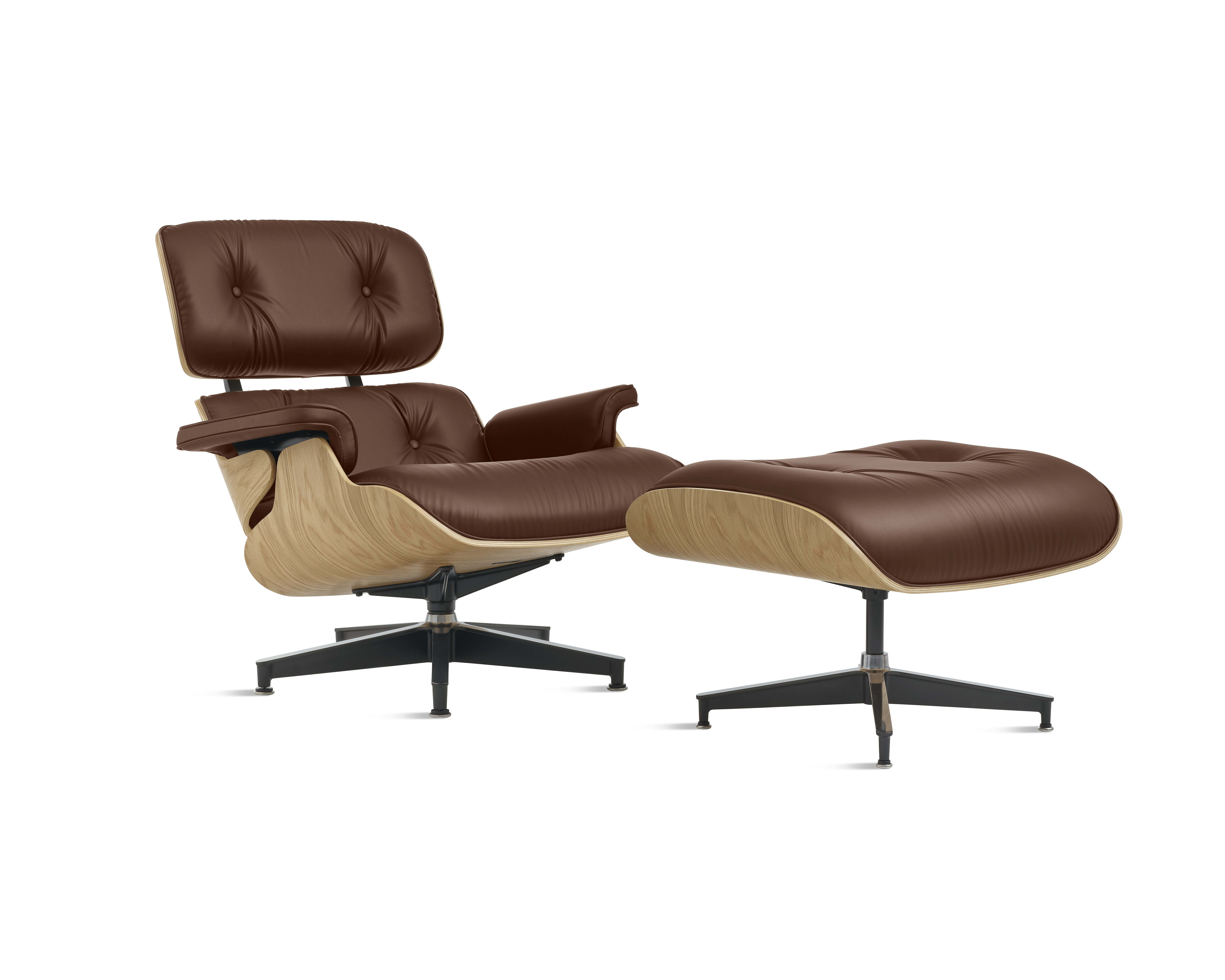 Eames Lounge & Ottoman,  3/4 View - White Oak - All Grain,  Brazil Nut