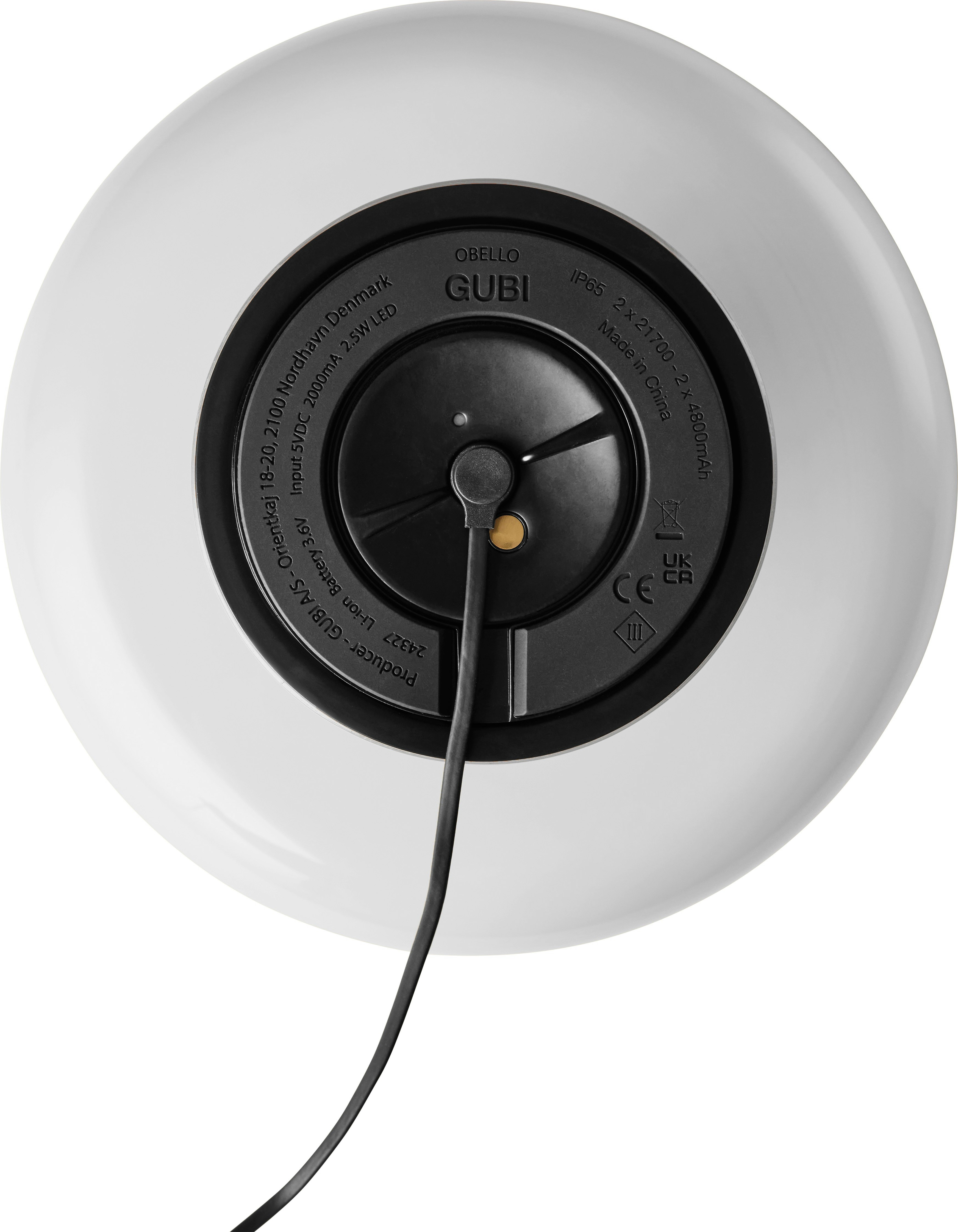An Obello Portable Lamp in White viewed from the side.