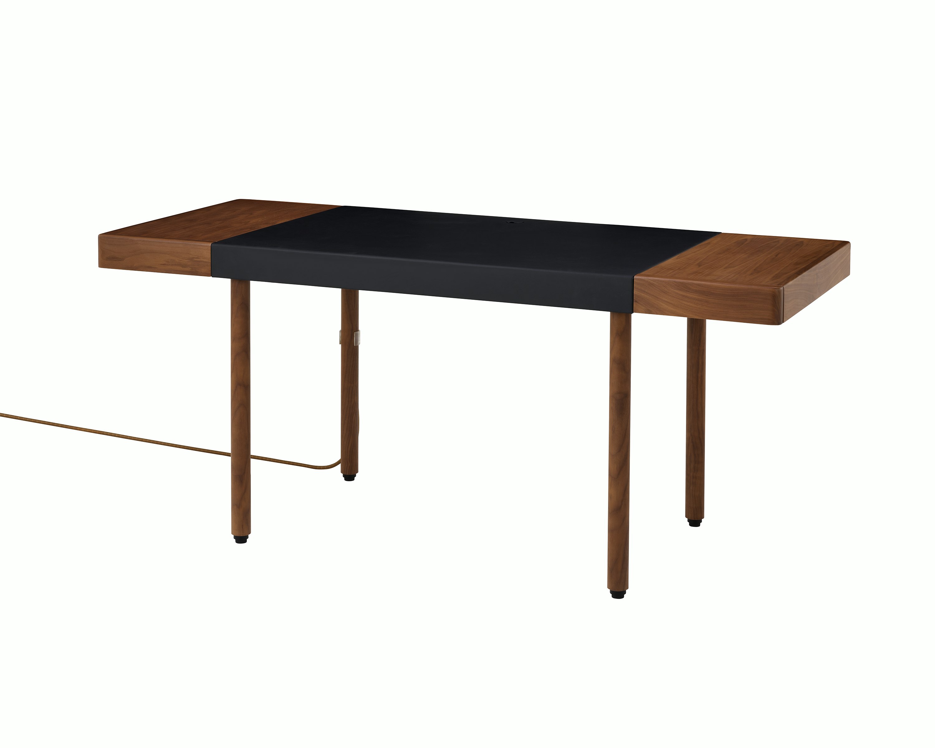 New Canaan Leatherwrap Sit-to-Stand Desk in Walnut and Black Leather, two drawers, with cord, angled view.