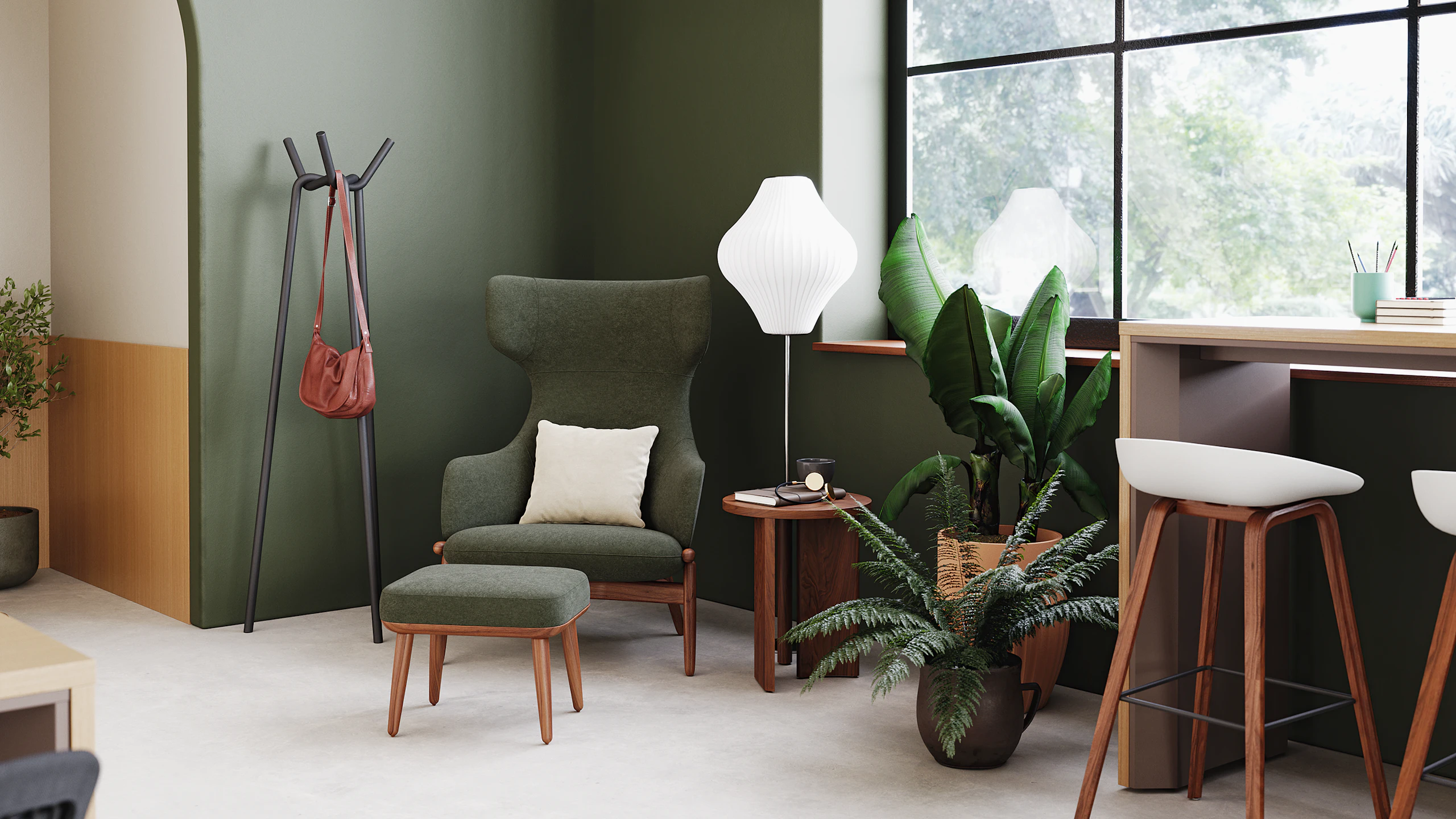 A biophilic study hall that supports focused activities featuring products from Herman Miller, Knoll, HAY, Muuto, Geiger, Design Within Reach, and naughtone.
