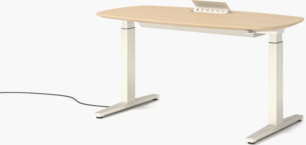 Renew S2S Embedded Power Desk - Executive,  29 x 58,  Veneer White Ash,  White / White,  Integrated Cord Management,  Hidden Power,  Standard,  T Leg